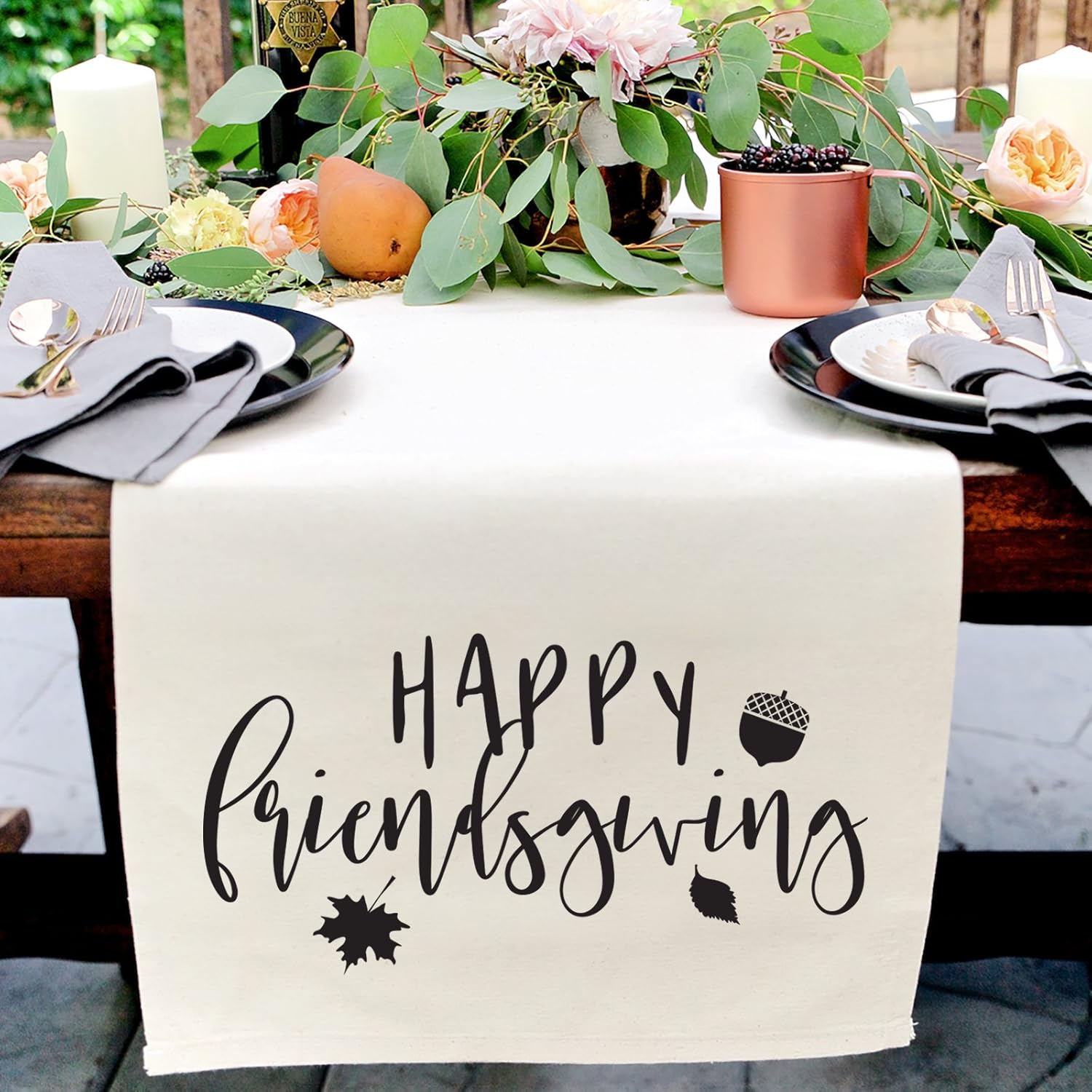 The Cotton & Canvas Co. Happy Friendsgiving Thanksgiving Fall Table Runner and Holiday Party Decoration