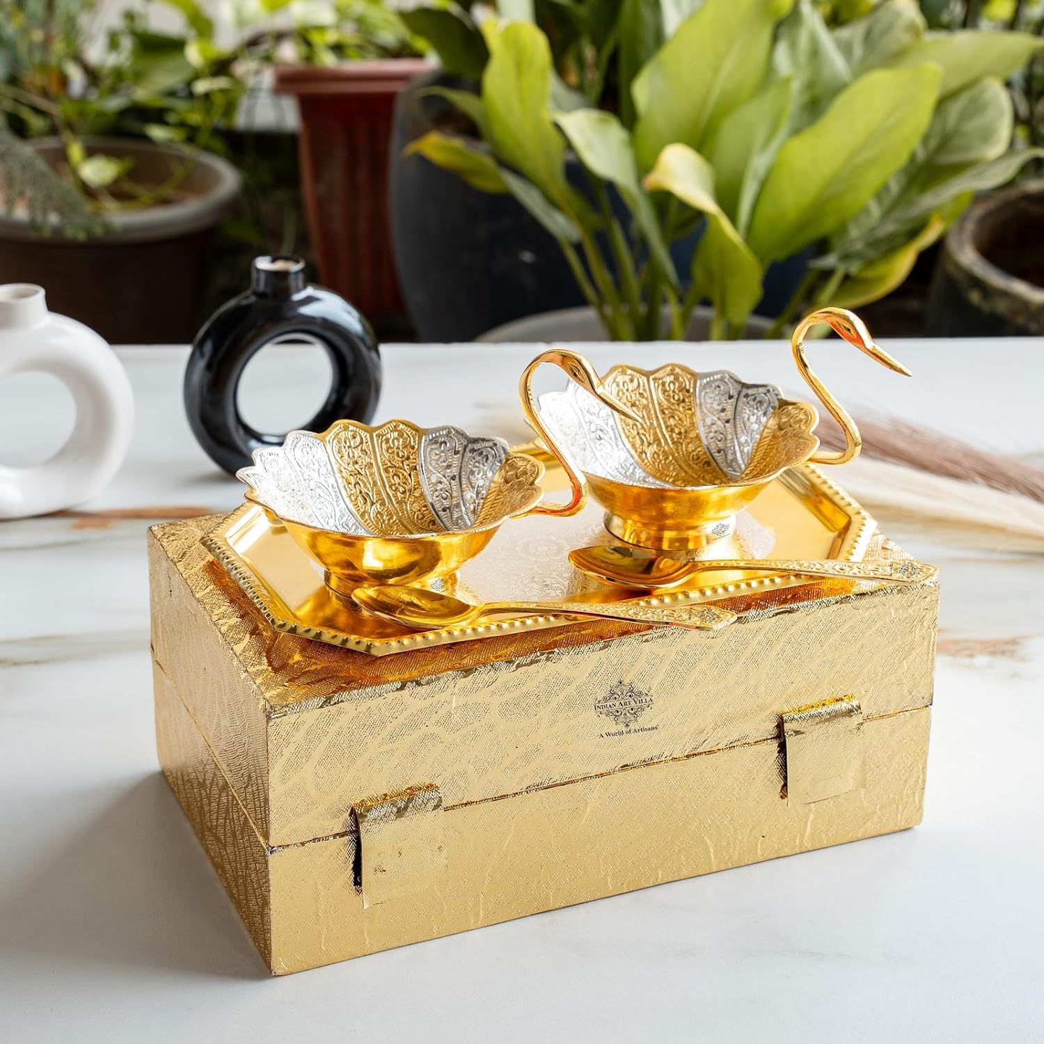 Indian Art Villa Silver & Gold Plated Duck Design 2 Bowl, 2 Spoon & 1 Tray, Service for 2, Gift Set, 5 Pieces