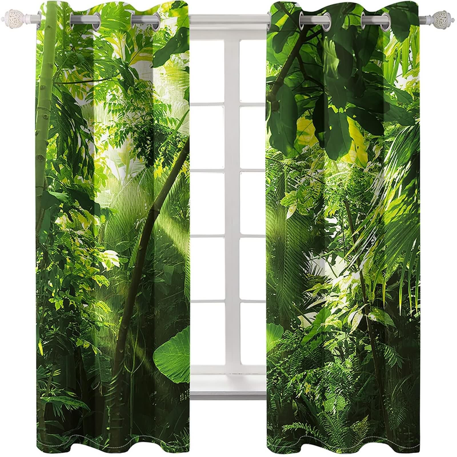 Rideau Anniversaire, Rideau Stof Polyester Vert Paysage Feuilles et Soleil 86L x 160H CM Lot de 2