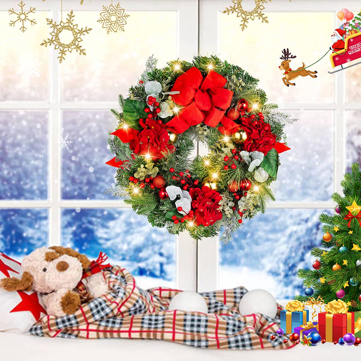 Vofuly Christmas Wreath for Front Door,22 Inch Luxury Red Gold Holiday Door Christmas Wreath, for Holiday and Decoration,Farmhouse Christmas Wreath with Hydrangea and 20 LED Lights