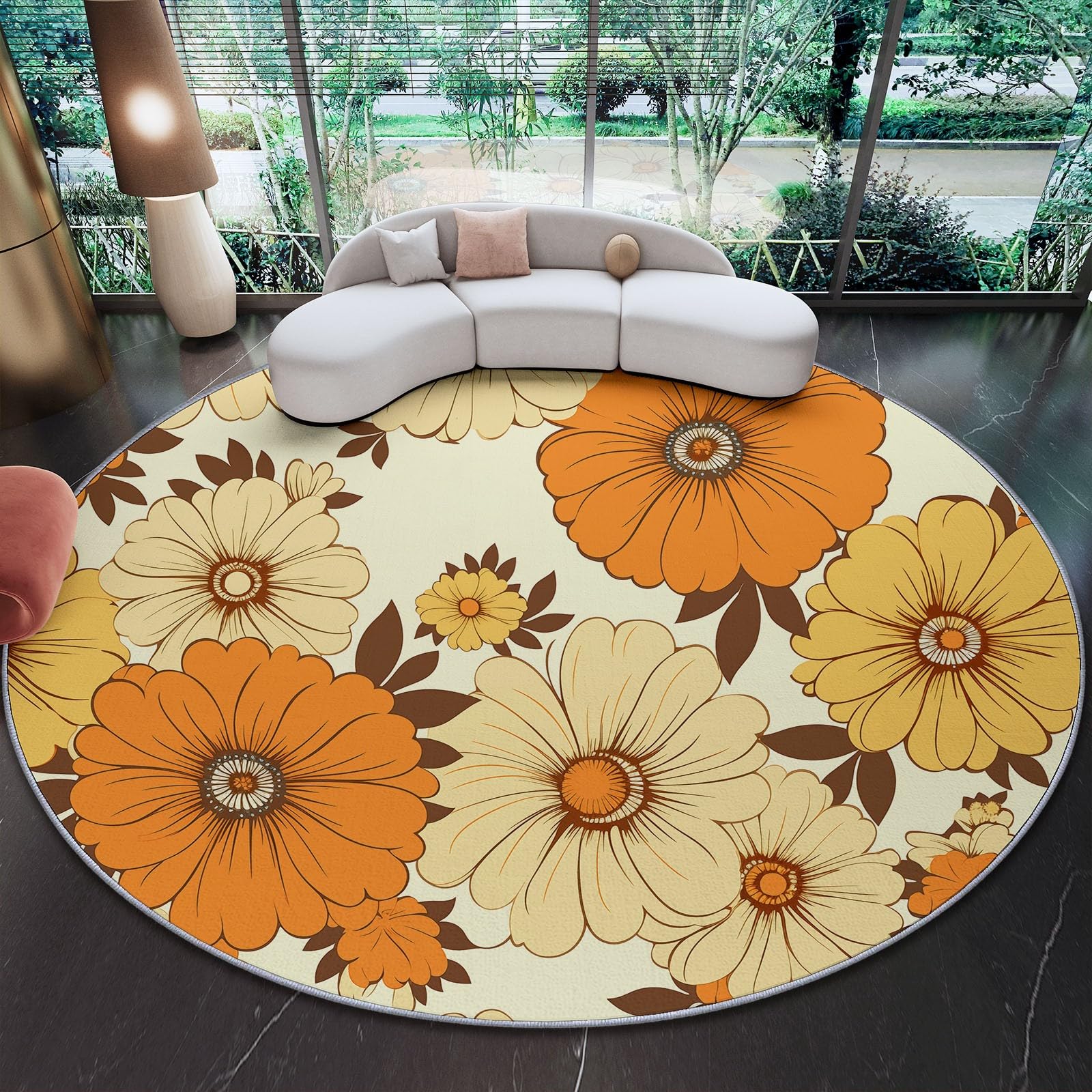 Rugs Round Retro Pastoral Style Flowers Living Room 60 cm (Round) Non-Slip Area Rug Round Machine Washable Floor Carpet Short PileCircle Rug Room Bedroom Kids Room Decor Orange Color