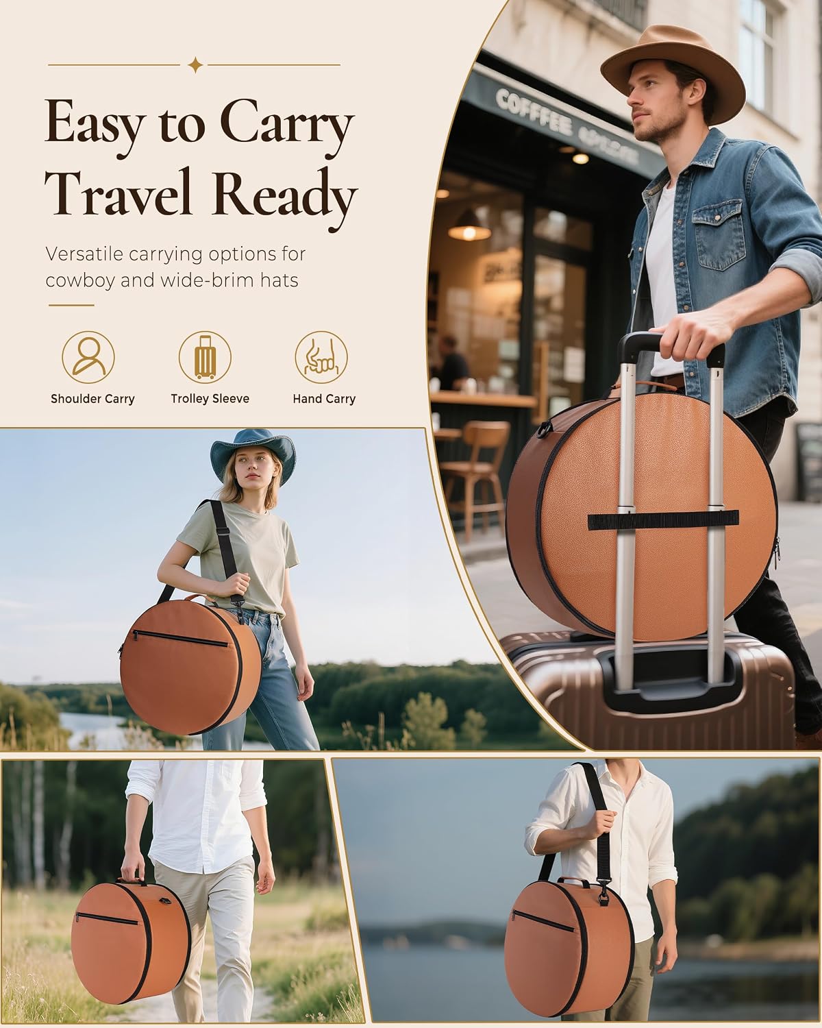Marscamd Vegan Leather Hat Box Fits 4 Cowboy or Wide-Brim Hats, Brown