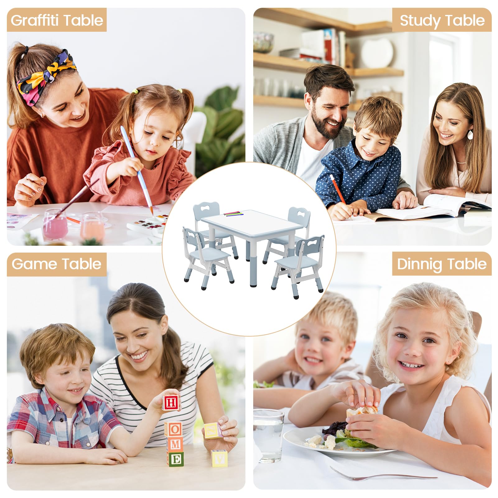 Table Enfant avec Chaise - Hauteur réglable,Bureau Enfant avec 4 chaises Design Antidérapante,Ensemble Bureau pour Chambre & Salle Classe de Maternelle(Gris)