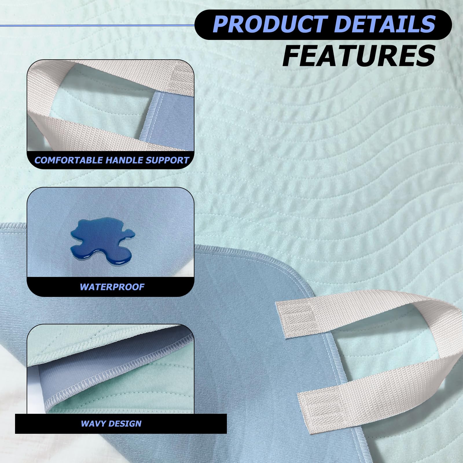 Almohadillas de cama para incontinencia, lavables, con asas, reutilizables, absorbentes con 4 capas impermeables para incontinencia, ancianos postrados en cama (34 x 52 pulgadas, paquete de 2)