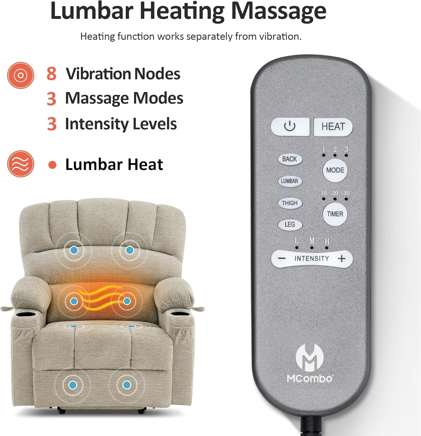 Remote control for heat and massage functions, showing buttons for power, heat, mode, intensity, and timer, with an illustration of massage zones on the chair.