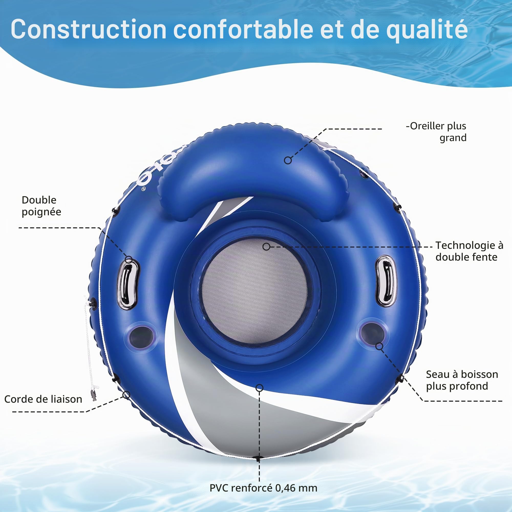 Bouee Piscine Adulte Gonflable pour Rivière, Bouée Piscine Adulte de Robuste de 115 cm, pour Flotter sur Les Plages ou Les Lacs, Matelas Filet Fond, 2 Porte-Gobelets 2 Poignées de Maintien