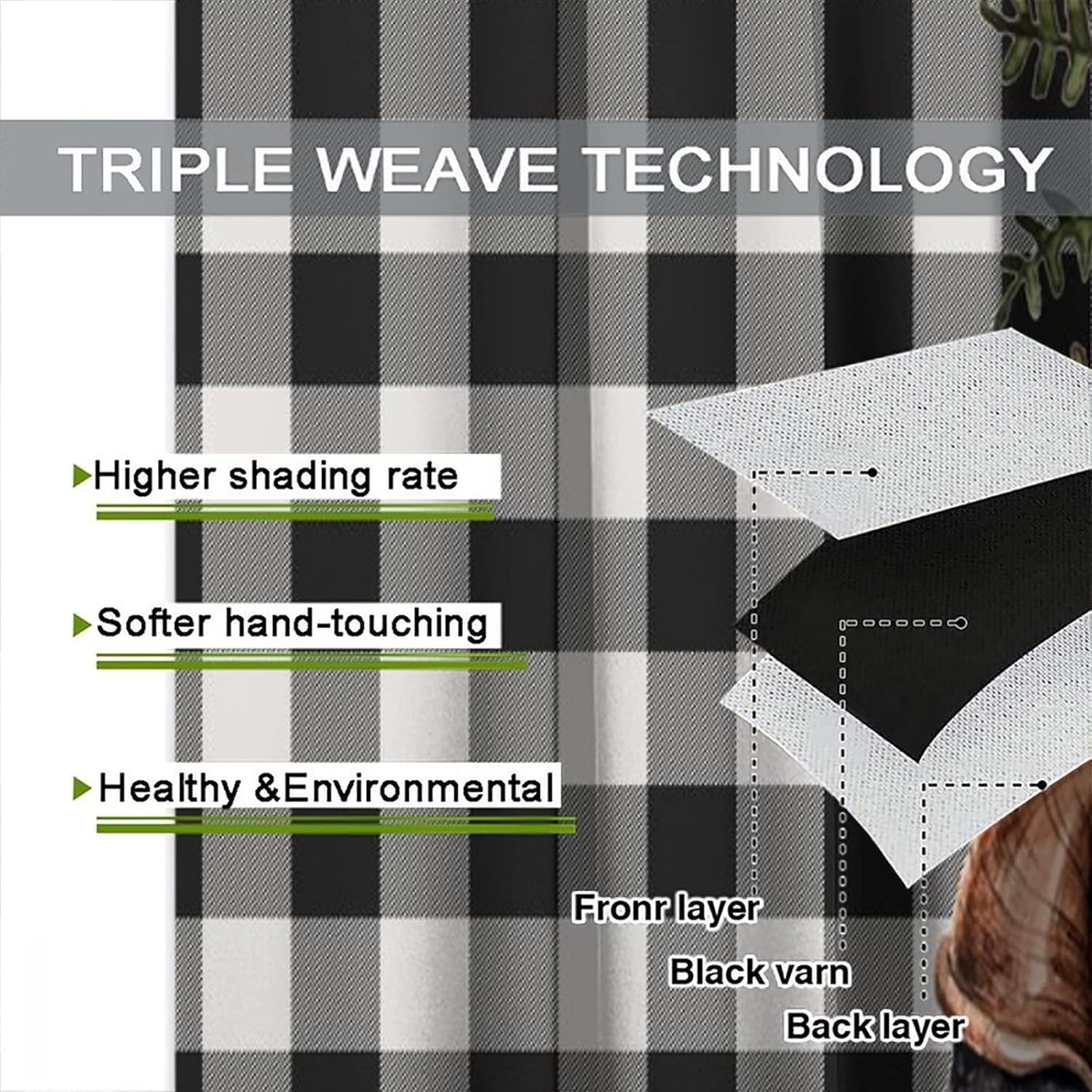 Watercolor Mushroom Blackout Curtains for Bedroom, Green Leaf Mushroom Retro Buffalo Check Plaid Rod Pocket Thermal Insulated Room Darkening Curtains Bedroom Curtains 42x63in