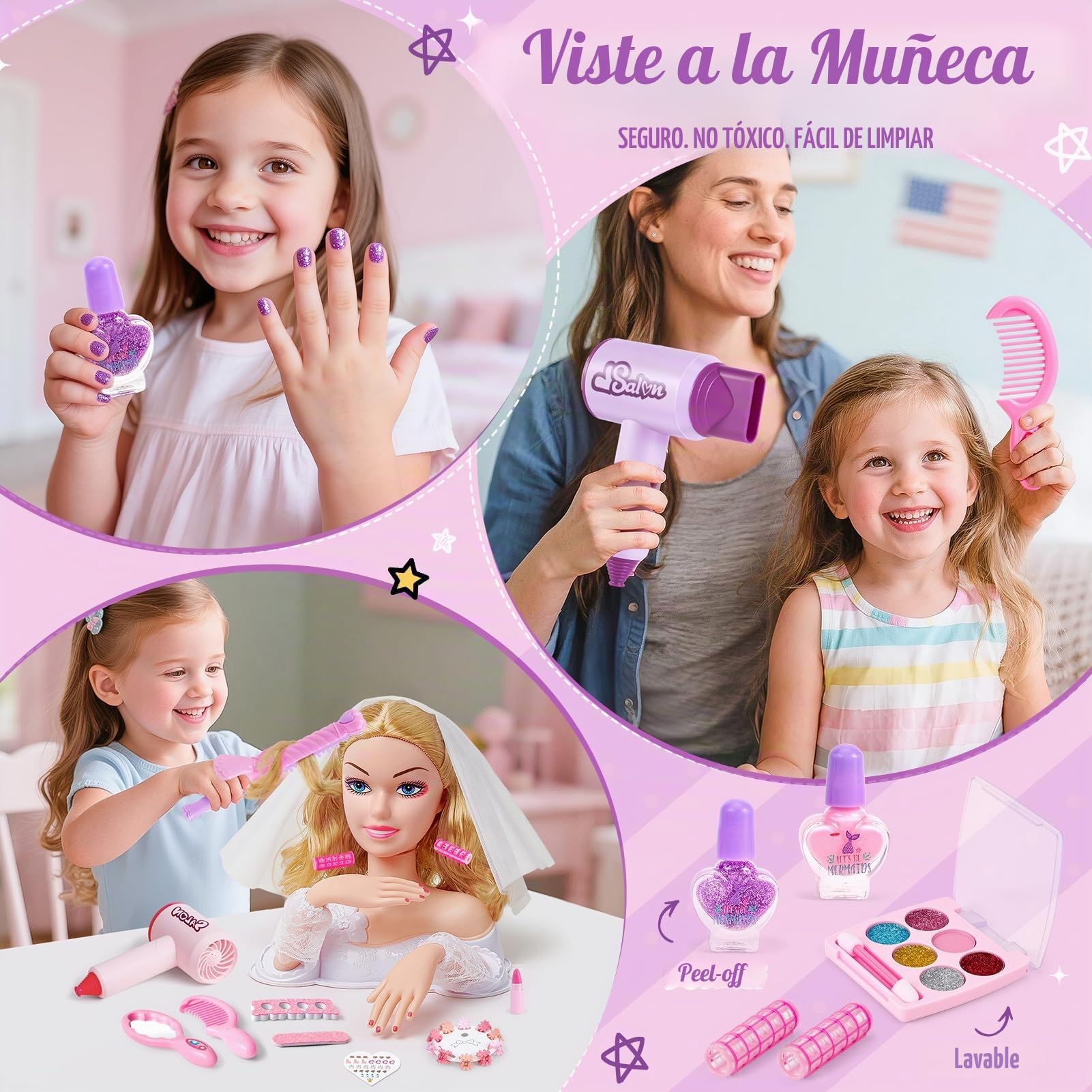 vamei Cabeza Muñeca para Peinar y Maquillar para Niños, Busto Muñeco Crece Pelo con Juego de Peluquería Secador de Pelo, Muñeca para Peinar Juguetes de Maquillaje, Regalo para Niñas 3 4 5 6 Años