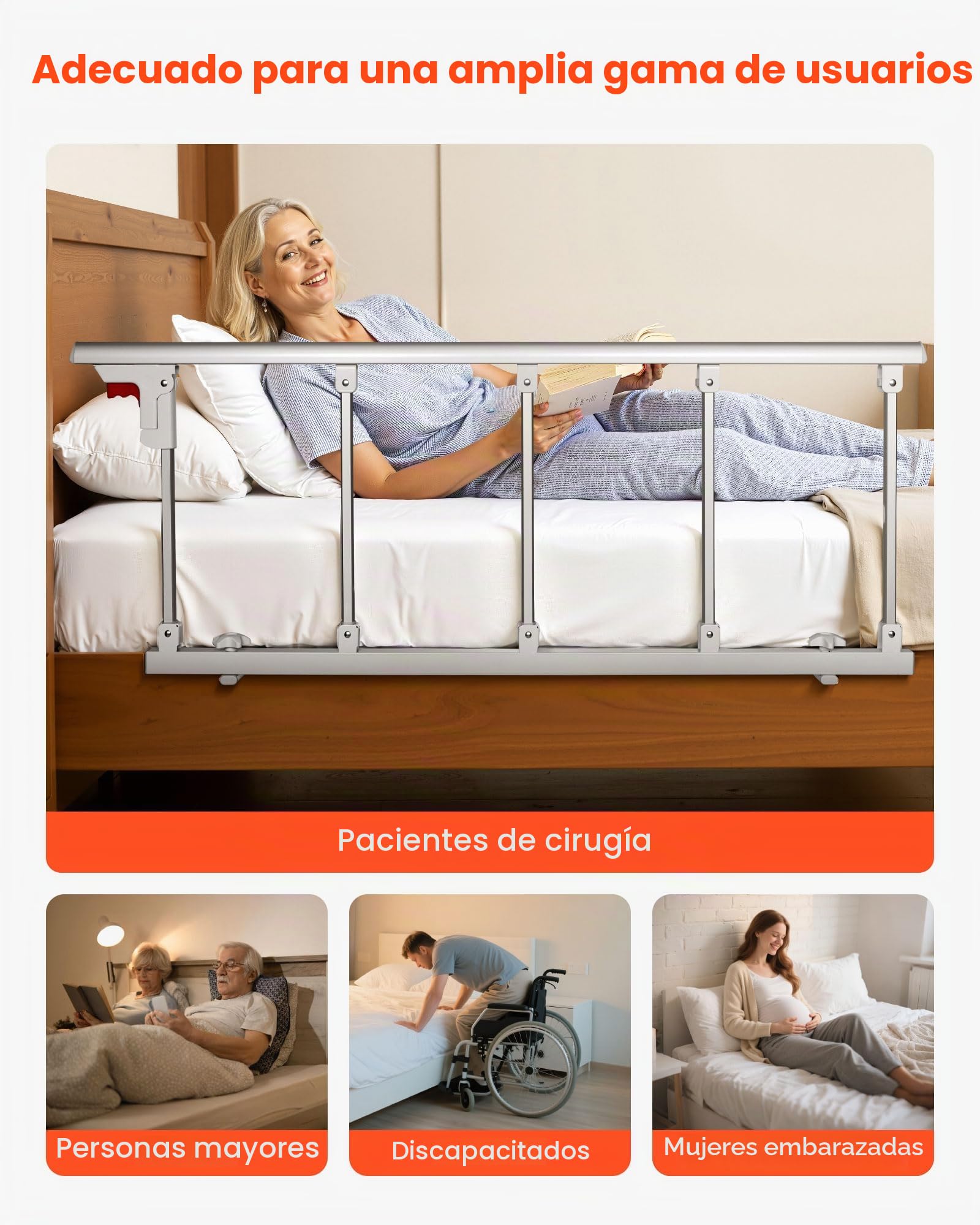 VEVOR Barandilla de Cama Plegable Personas Mayores, 122 cm, con Correa de Sujeción, Protección Anticaídas, Asa de Protección a Las Manos y Protector de Bordes, a Camas King, Queen, Matrimoniales