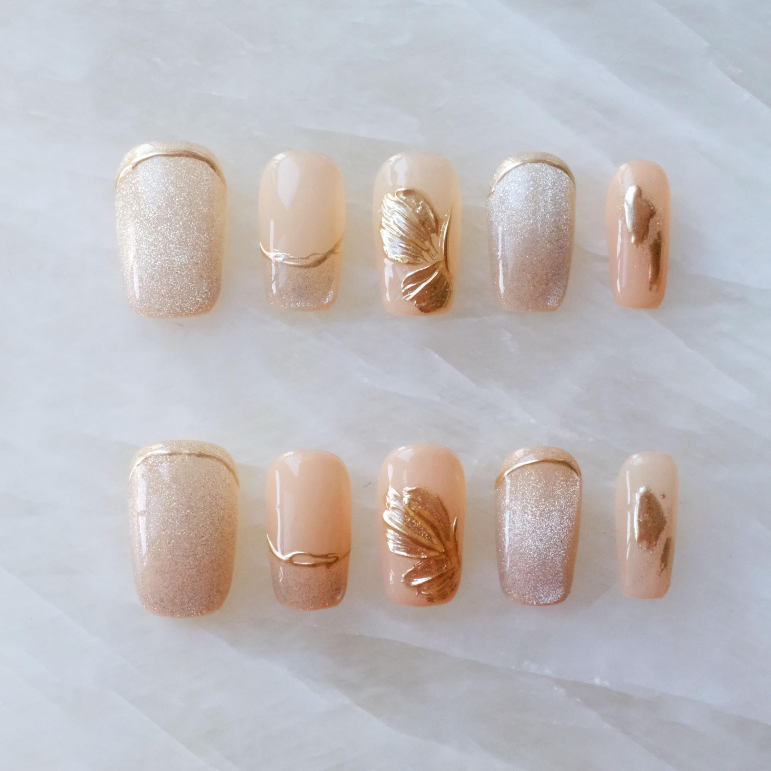 [GLORS] Purly Handmade Medium Ballerina Press on Nails | Flower Dance - Artistic Fake False Nails with Cat-eye and Icy Sheer Nude Color, 10 Pieces (
