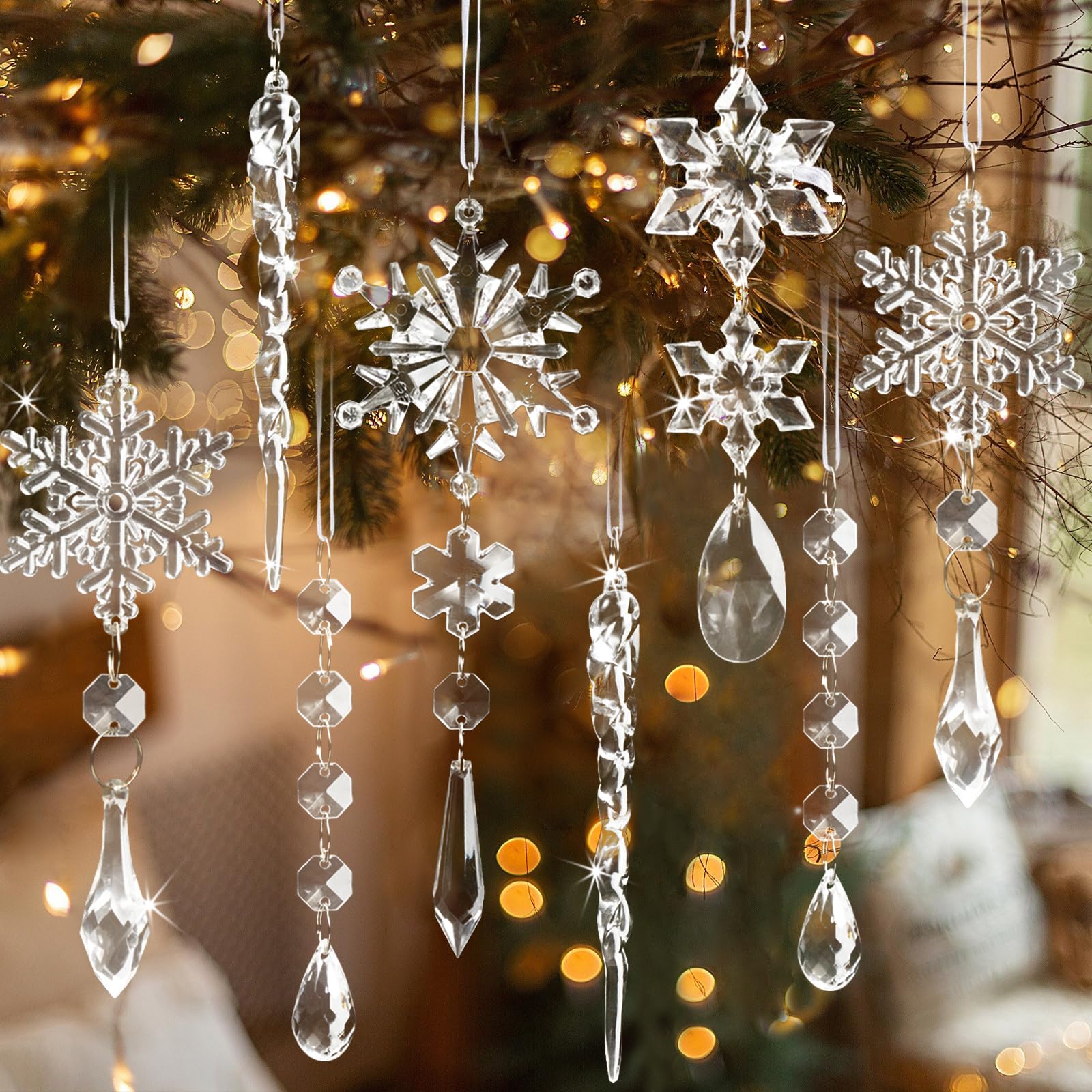 18pcs Crystal Christmas Ornaments for Tree Decorations-Hanging Acrylic Snowflake Icicle Ornaments with Drop Pendants for Winter Wonderland Chandelier Crystals Decorations Supplies