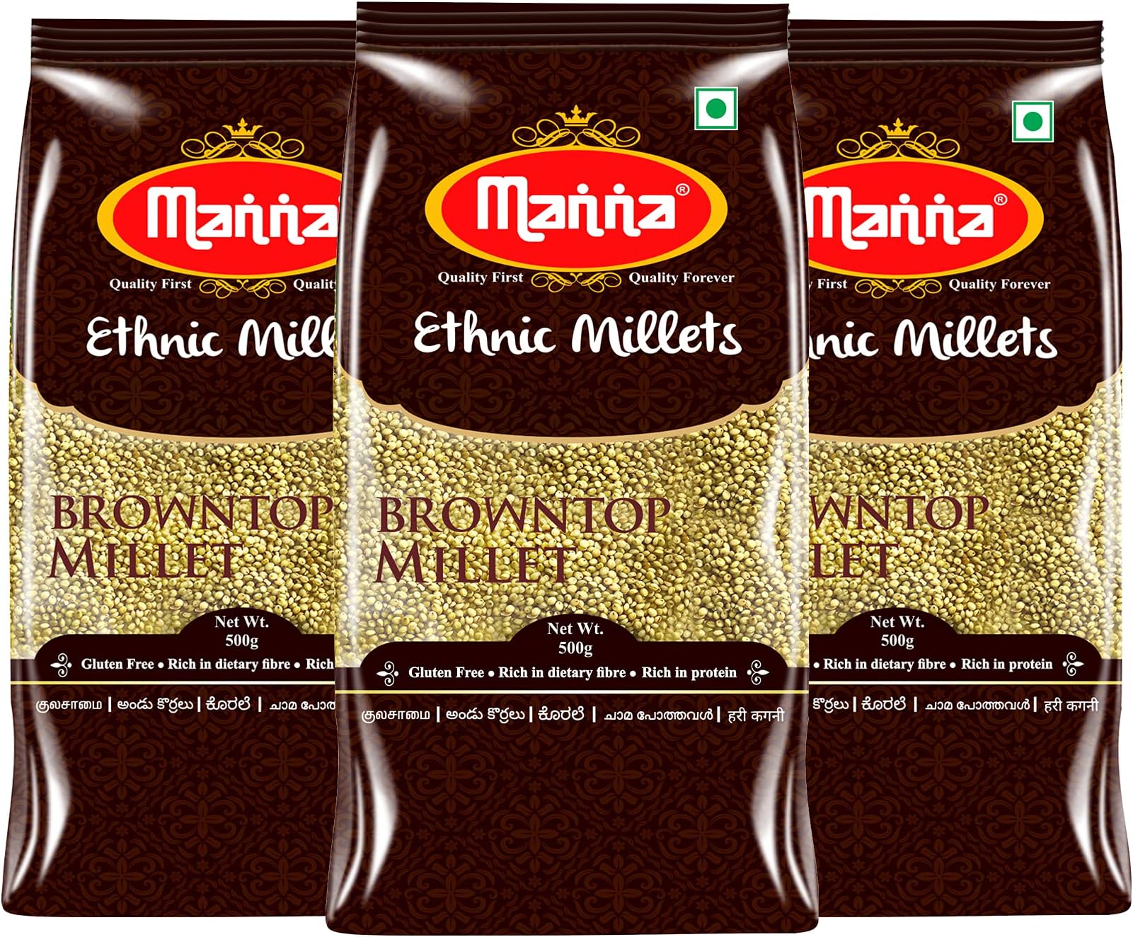 MannaBrowntop Millet Natural Grains, 1.5kg (500g x 3 Packs)