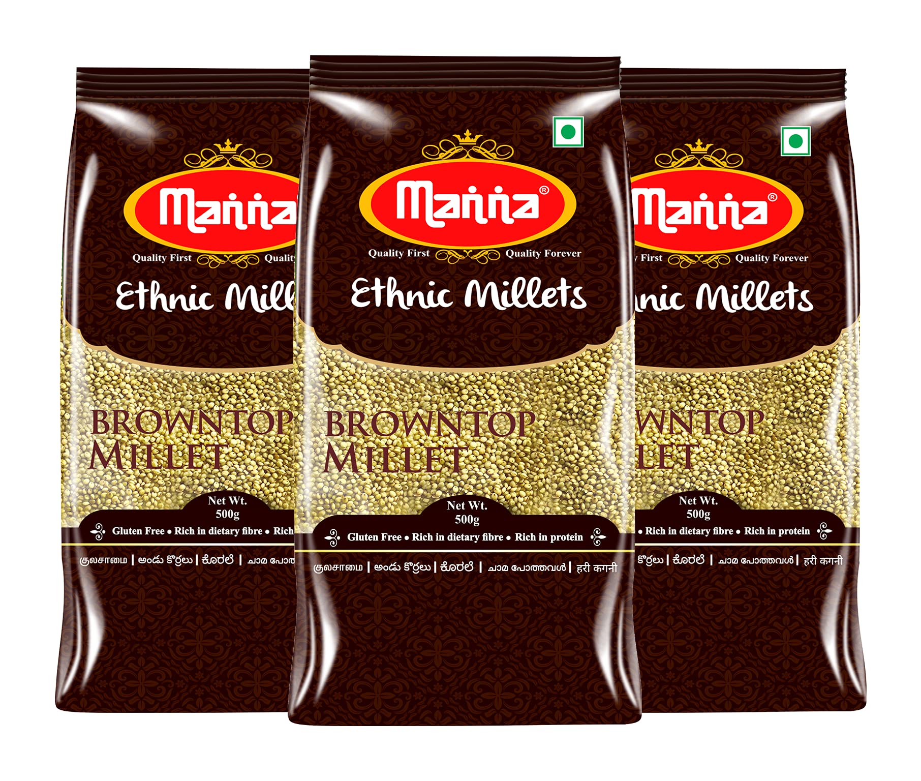 MannaBrowntop Millet Natural Grains, 1.5kg (500g x 3 Packs)