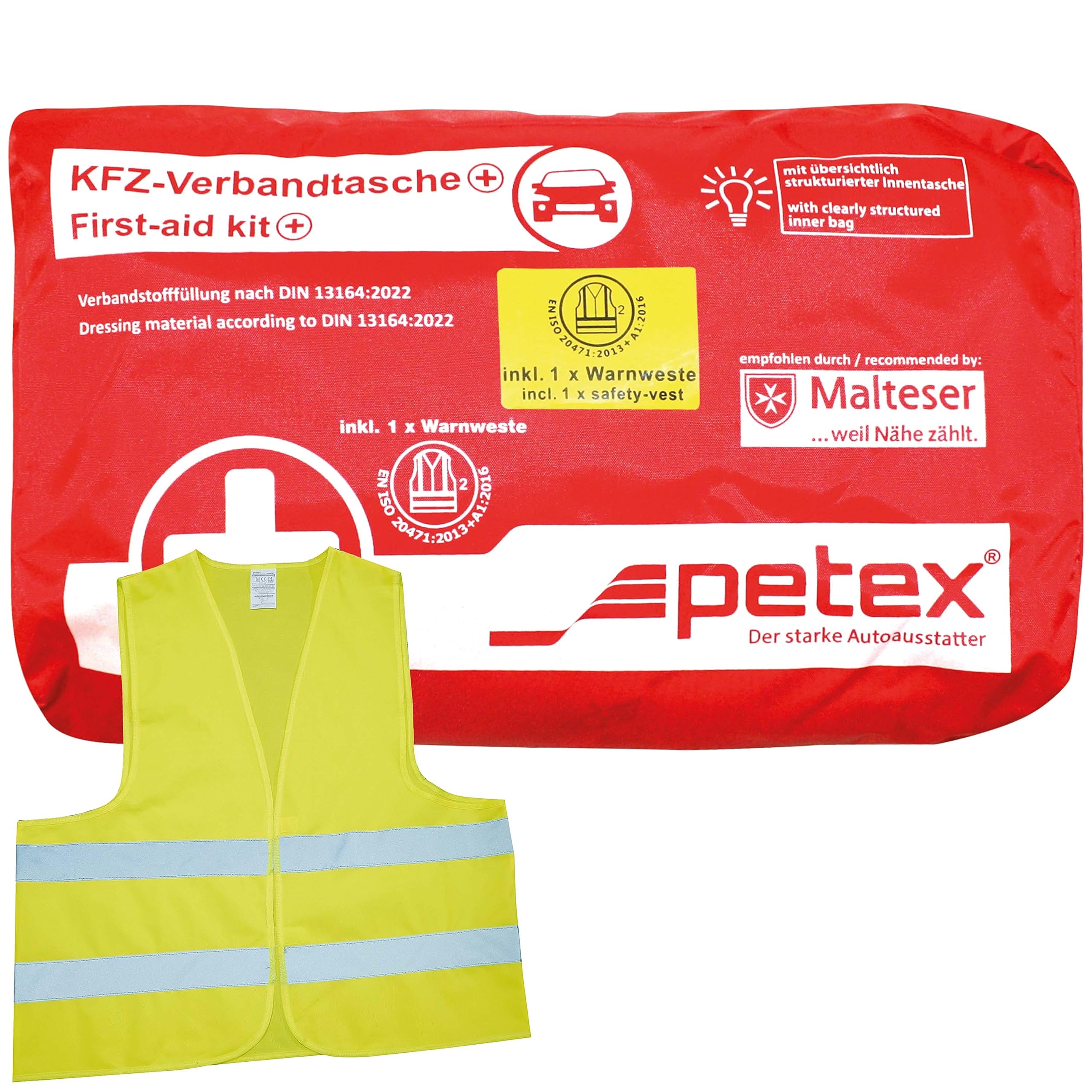 PETEX 2 in 1 Verbandtasche Plus, Inhalt nach DIN13164:2022 in Rot, Erste-Hilfe, First-Aid-Kit