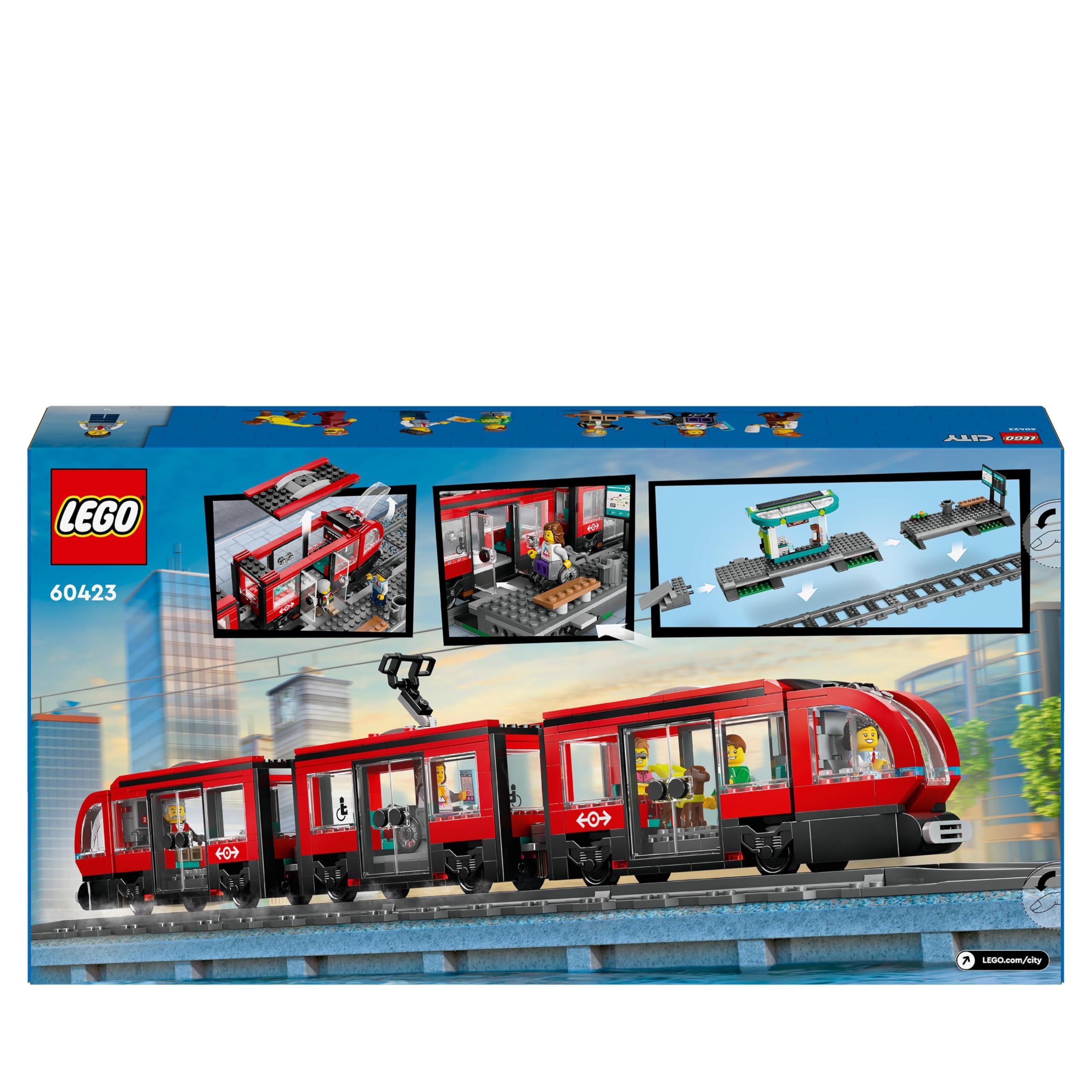LEGO City Tramwaj miejski ze stacją, Zabawka dla Dziecka do Zbudowania, dla Fana Kolejek i Pojazdów, z 6 Minifigurkami i Figurką Psa, Pomysł na Prezent dla 7-latka, dla Chłopca i Dziewczynki, 60423