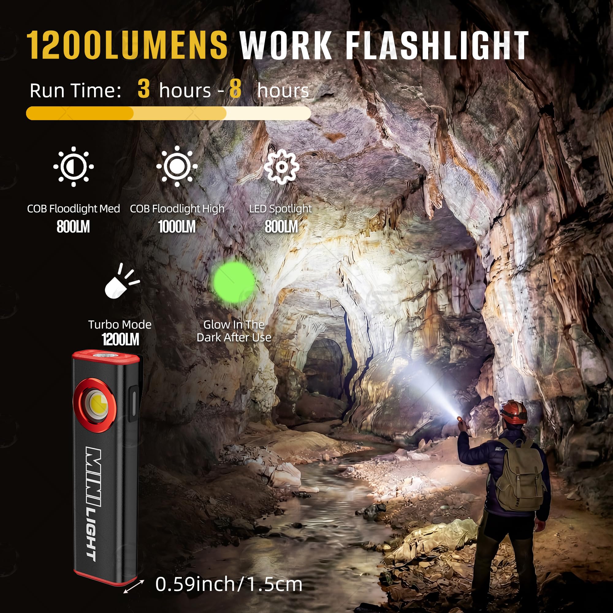 lexall Luz de trabajo LED, 1600 lúmenes, mini linterna magnética plana EDC con clip, 3 modos, portátil, ultraligera, brillante, impermeable, luz de bolsillo para trabajar, acampar, reparar,