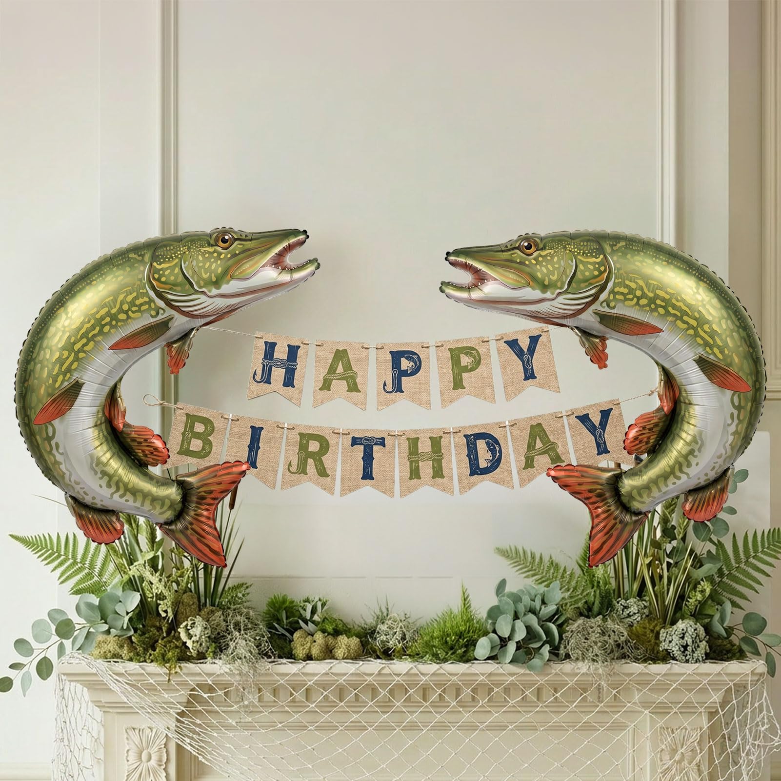 2 Pcs Large Northern Pike Fish Balloons & Happy Birthday Banner Decoration