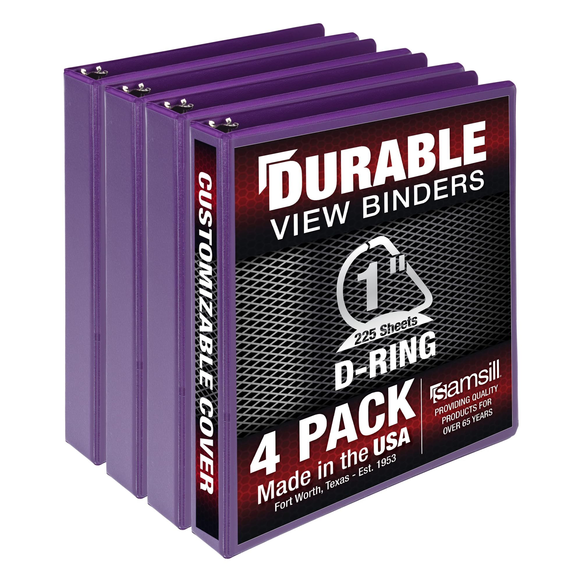 Samsill Durable 1 Inch Binder, Made in The USA, D Ring Binder, Customizable Clear View Binder,Purple, 4 Pack, Each Holds 225 Pages