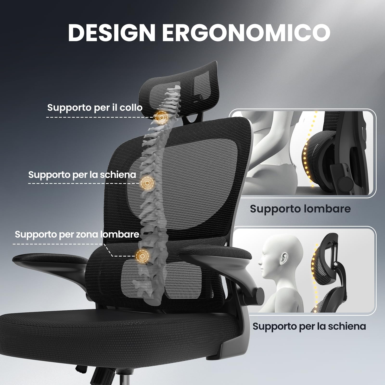 naspaluro Sedia Ufficio Ergonomica, Sedia Scrivania Con Supporto Lombare a Forma Di C, Schienale E Poggiatesta Regolabili, Braccioli Reversibili, Sedile in Rete Traspirante per L'ufficio, Nera