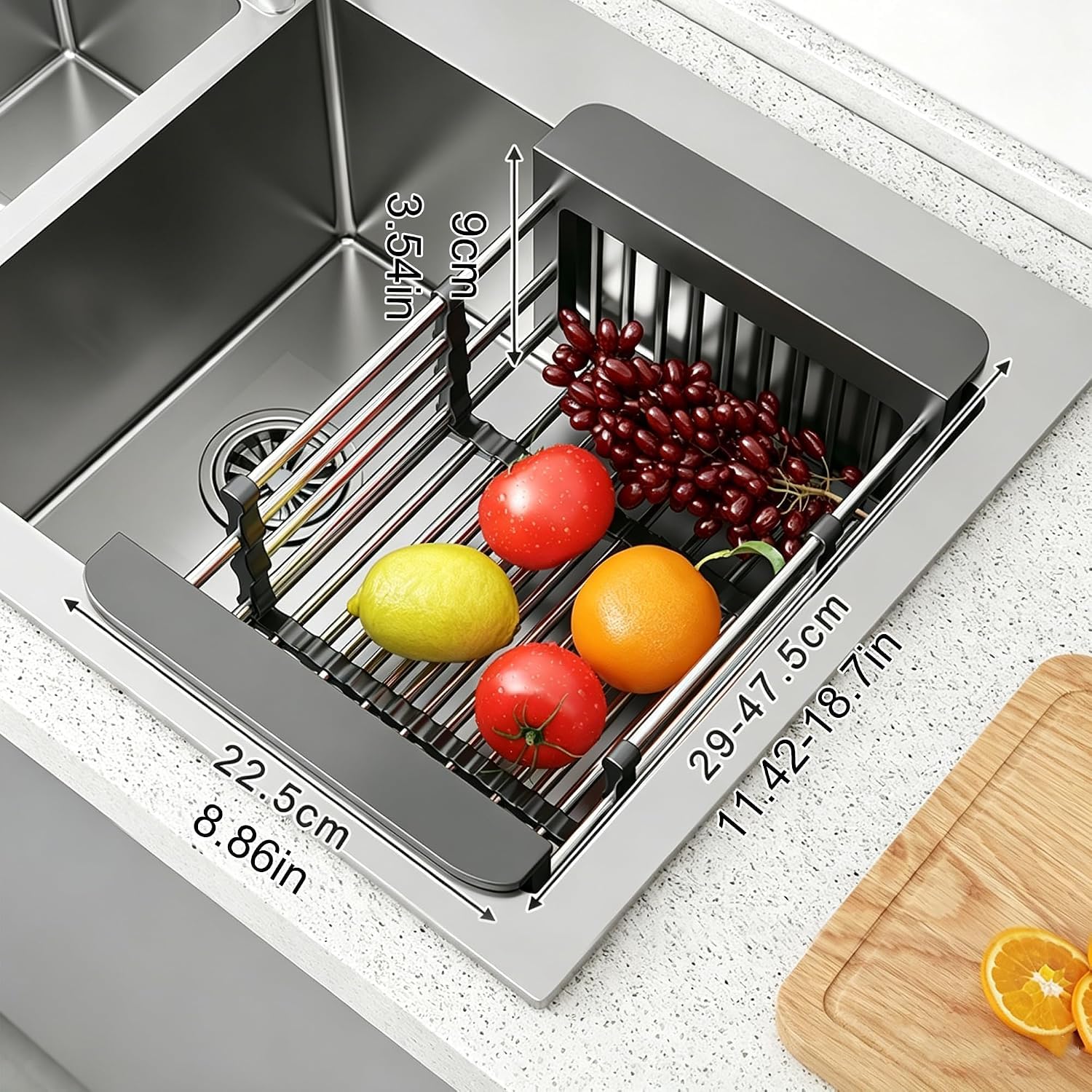 Escurridor de platos ajustable para colocar sobre el fregadero, cesta de drenaje extensible de acero inoxidable para fregadero de cocina de 11,42 a 18,7 pulgadas para frutas, verduras y vajilla, color