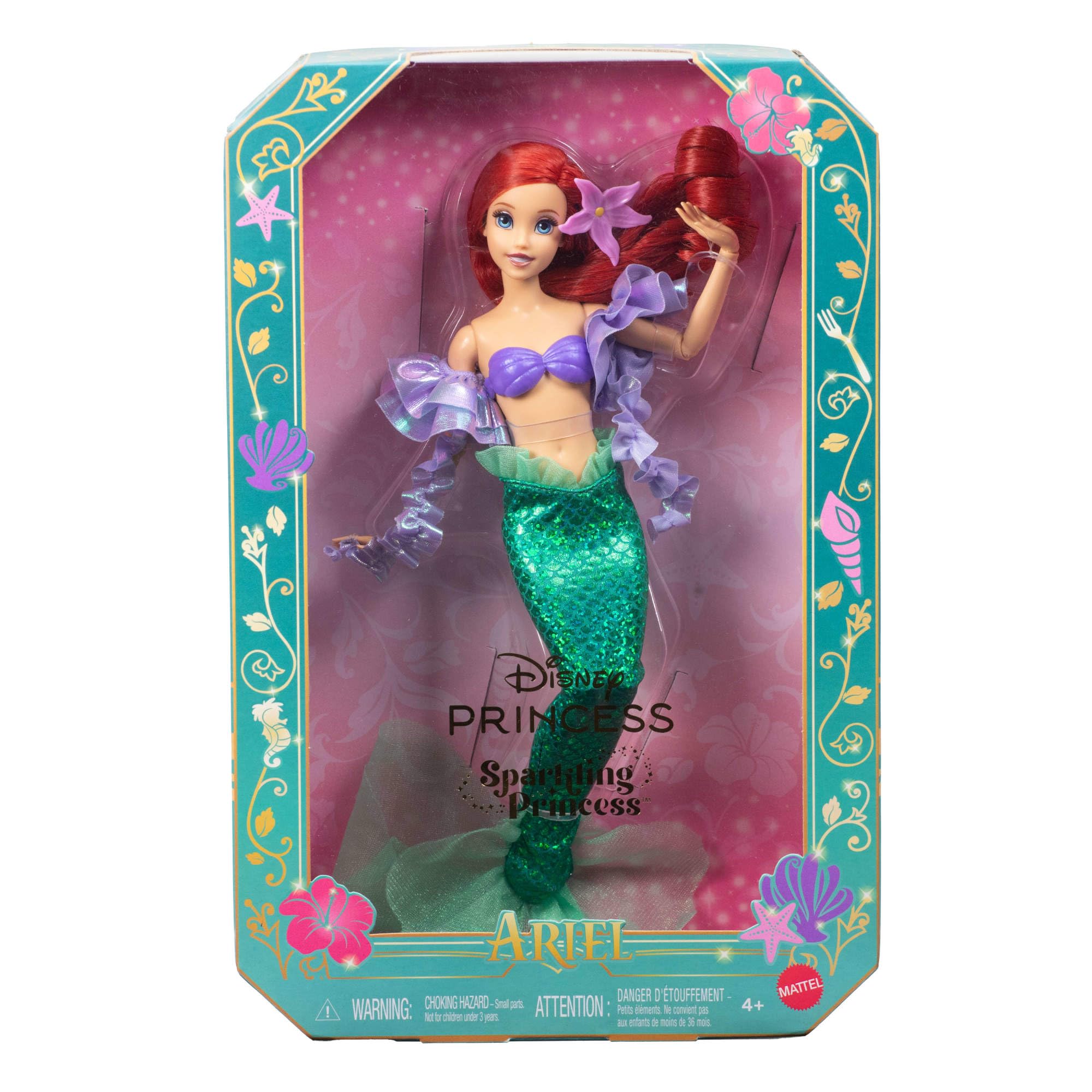Mattel Disney Princesas Sparkling Princess Ariel Muñeca y Accesorio con Cola extraíble, Mangas y Pasador para el Pelo con Flor, Inspirada en la película, JLK25