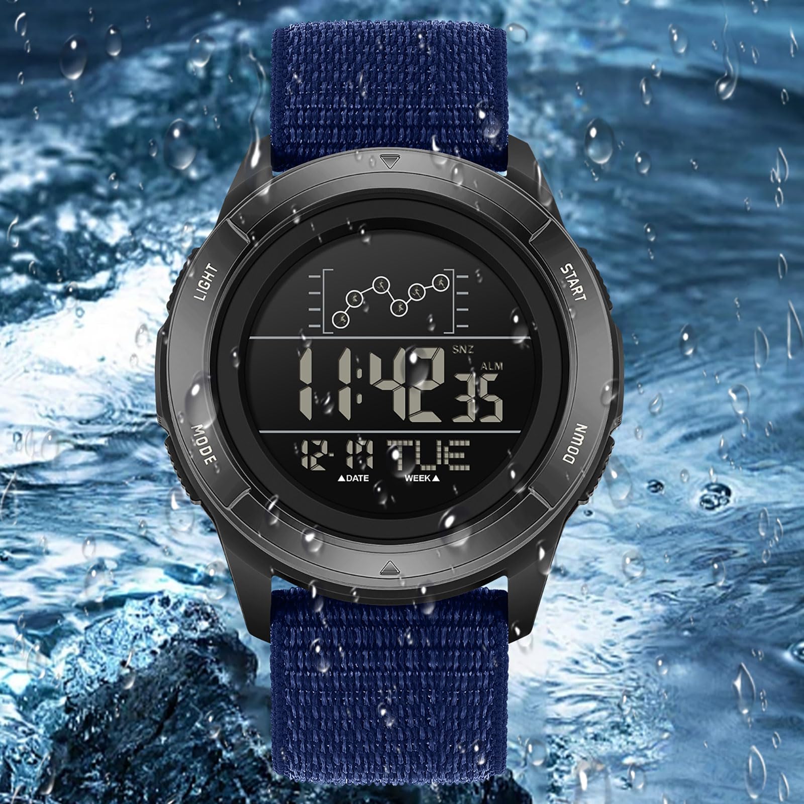 findtime Reloj digital para hombre, para exteriores, color rojo, resistente al agua, 5 ATM, con cronómetro, cronómetro, cronógrafo, iluminación LED, alarma, fecha, indicador de fecha, diseño de banda
