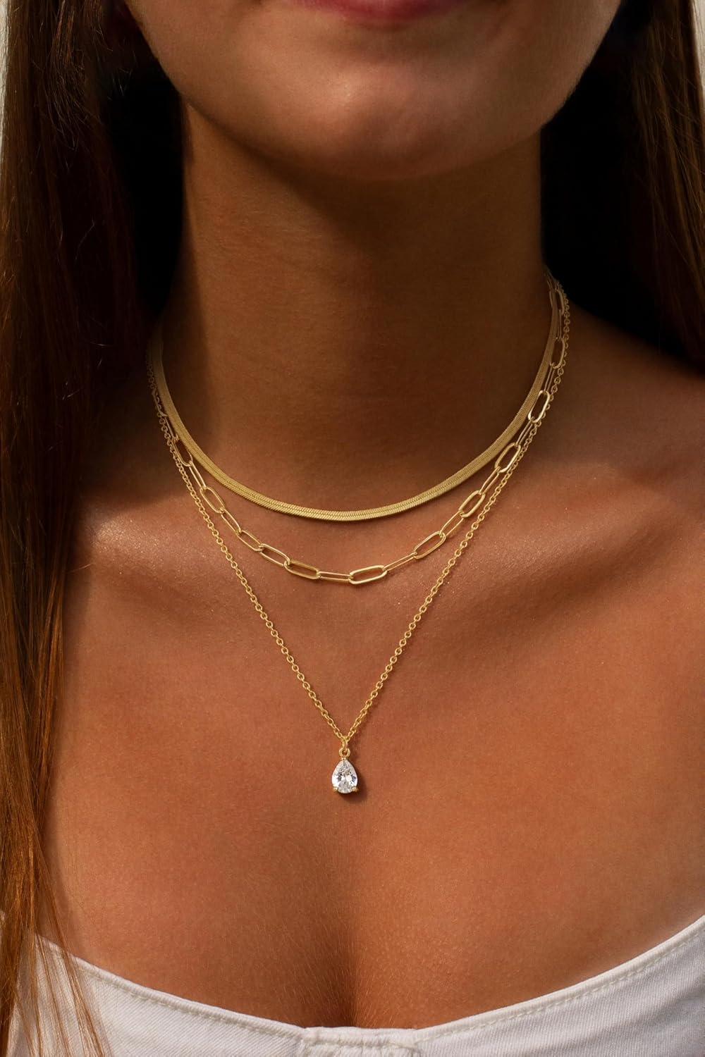 BERISO 14K Gold Plated Layered Necklace for Women, 3 Layer Dainty Gold Necklace with Minimalist Pendant, Elegant Everyday Gold Jewelry Gift - Image 3