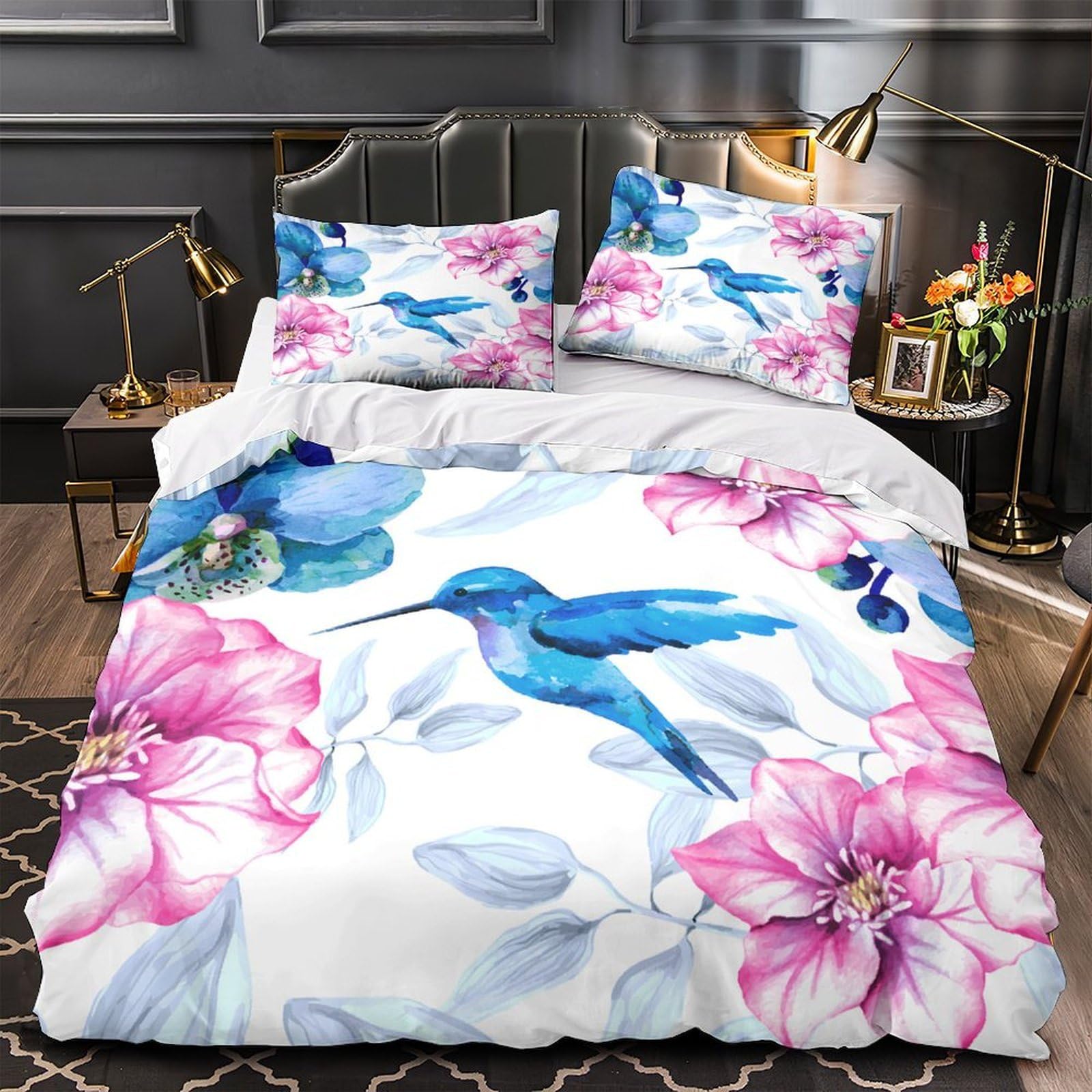Parure de lit 3 pièces bleu 220x240 literie microfibre King motif floral