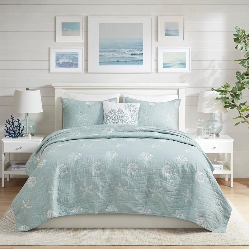 Harbor House Seaside Reversible Cotton Quilt Set Coastal Clam, Starfish, Coral Embroidery, All Season, Pre-Washed Coverlet Bedding Layer, Decorative Pillow, Full/Queen(90"x90") Seafoam 4 Piece