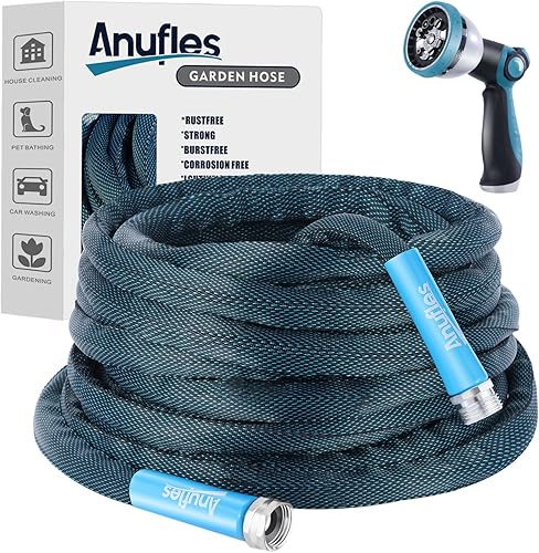 Aunfles - Manguera de jardín de 50 pies, manguera de agua flexible con 10 boquillas de pulverización, diseño ligero, fácil almacenamiento, a prueba