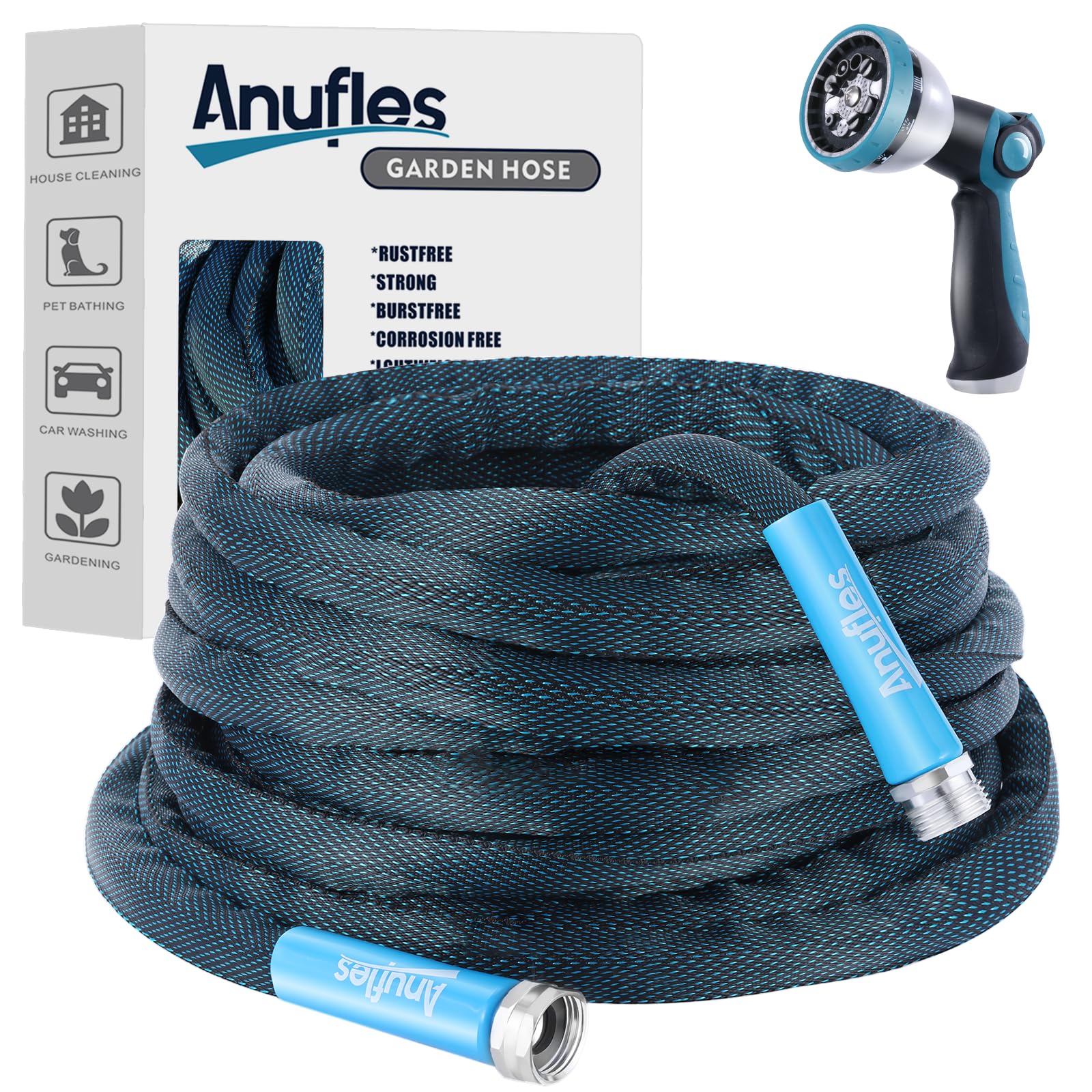 Aunfles 50FT Garden Hose - Flexible Water Hose with 10 Spray Nozzle, Lightweight Design, Easy Storage, Leak-Proof, Compact, Portable, Car Wash for Yard (Blue)