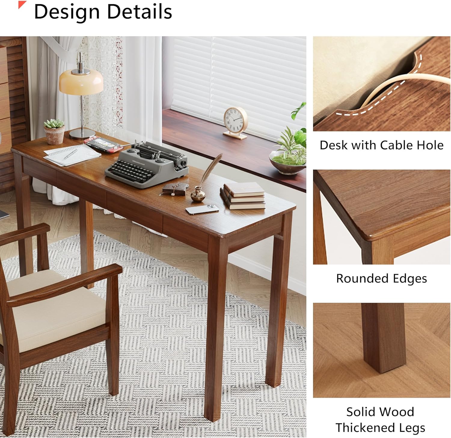 Wood Desk, Solid Wood Writing Table for Home Office, Mid Century Modern Desk with Drawers, Walnut (47inch / 120cm)