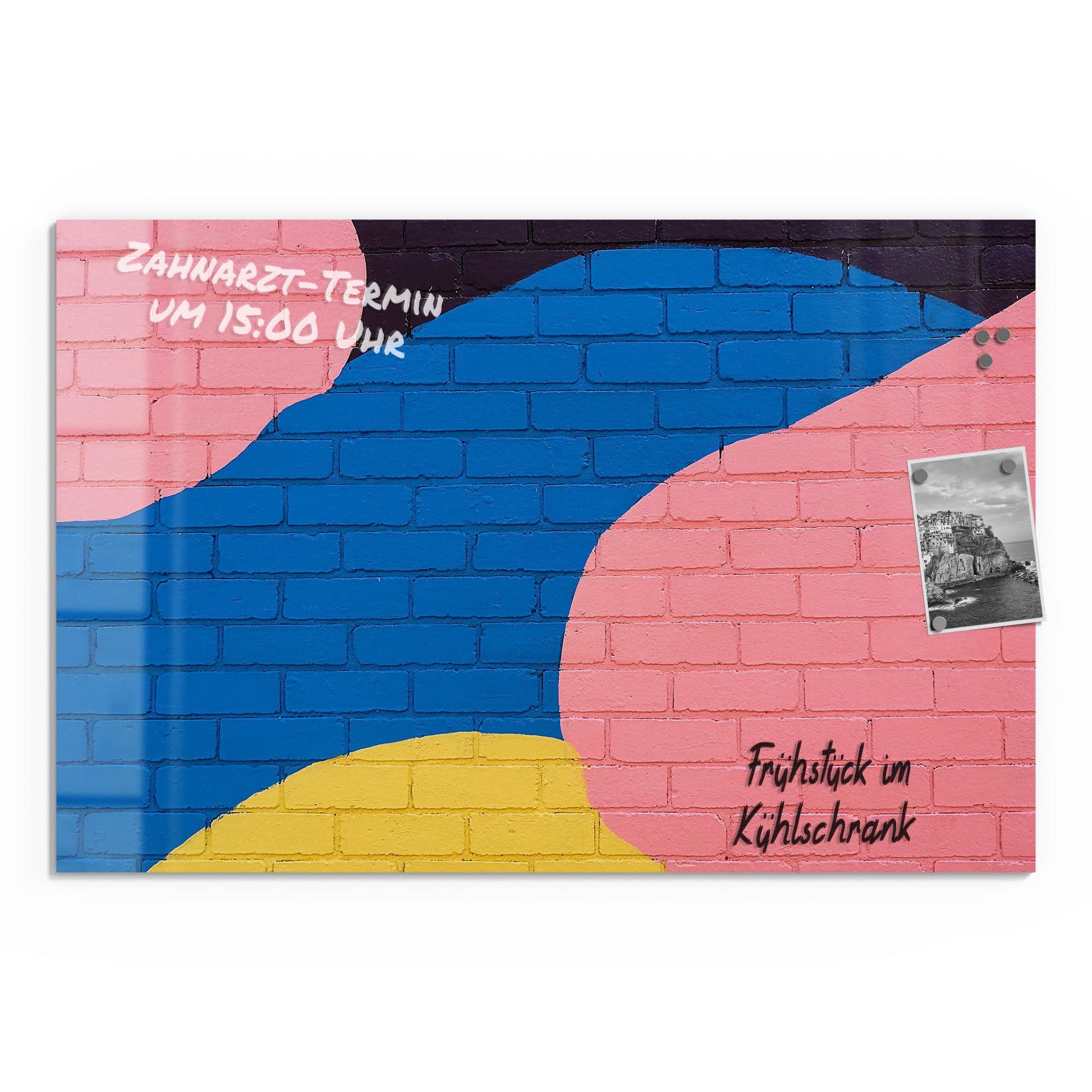 DEQORI Lavagna magnetica in vetro | 90 x 60 cm | motivo "arco & blocchi" | Lavagna magnetica con magneti, penna e panno per cucina e ufficio, lavagna magnetica e scrivibile