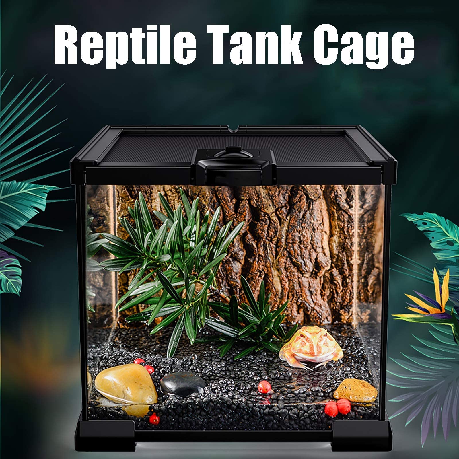 Tanque de Vidrio para Acuario de Reptiles, Caja de Transporte de alimentación de Anfibios Interior para Serpiente Tortuga Lagarto (30x30x29cm)