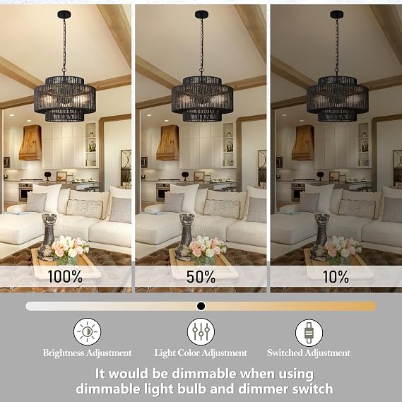 Bagood 18 3-Light Boho Black Rattan Chandeliers for Dining Room