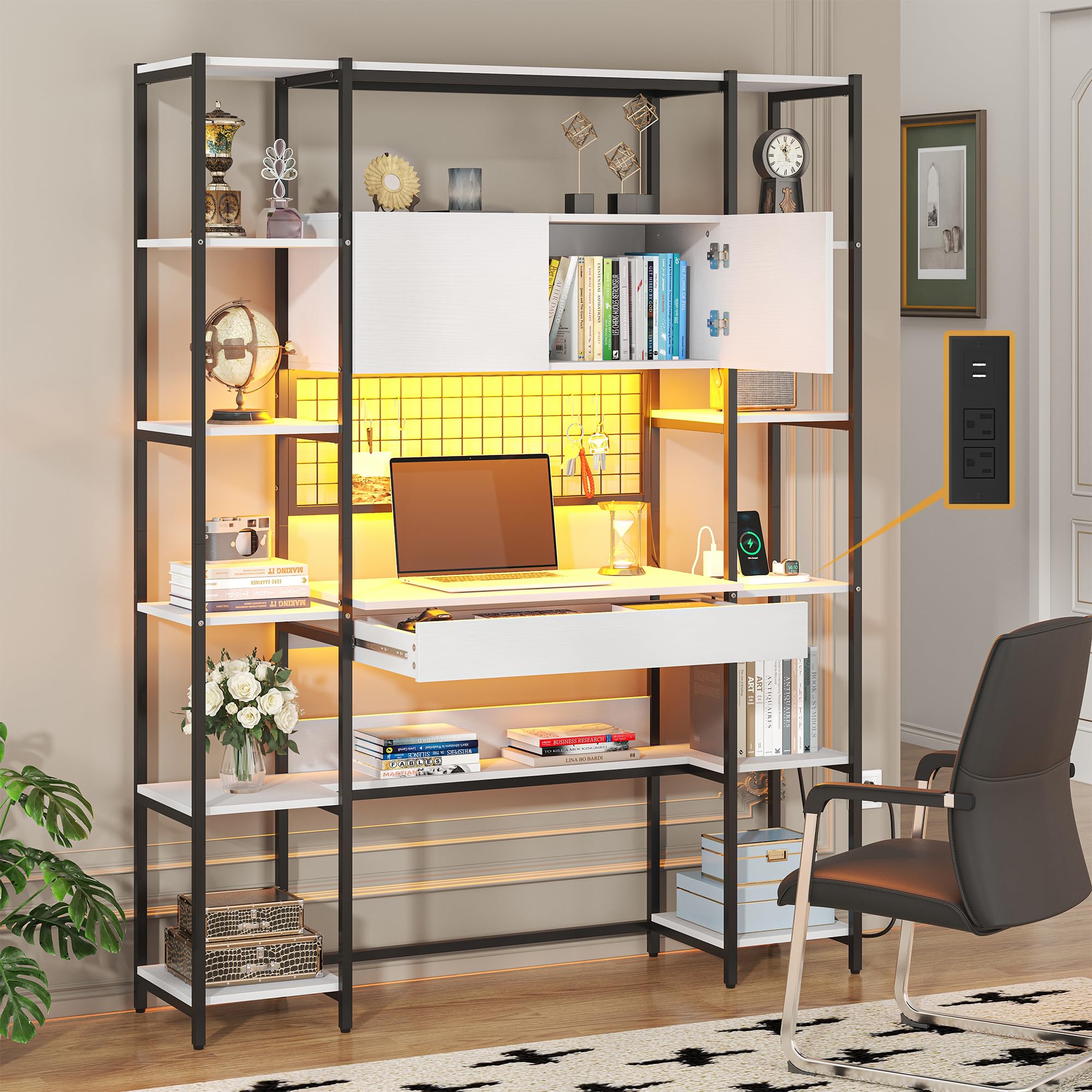 Nosepen 5 Tiers White Bookshelf with Home Office Desk and RGB Lights and Power Outlet, 71.1" Tall Book Shelf with Drawer & Storage Cabinet & 12