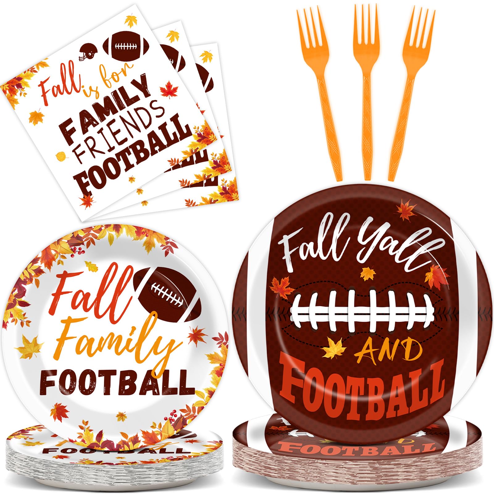 96 Pcs Football Fall Party Supplies Football and Fall Y'all Tableware Plates Napkins Rustic Football Autumn Dinnerware Table Decorations Maple Leaves Thanksgiving Holiday Party Favor for 24 Guests