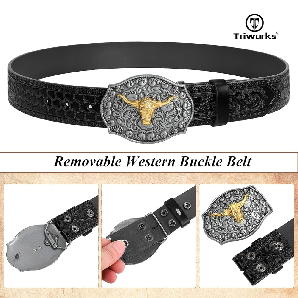 TRIWORKS Western Cowboy Cowgirl Belt for Men Western Buckle