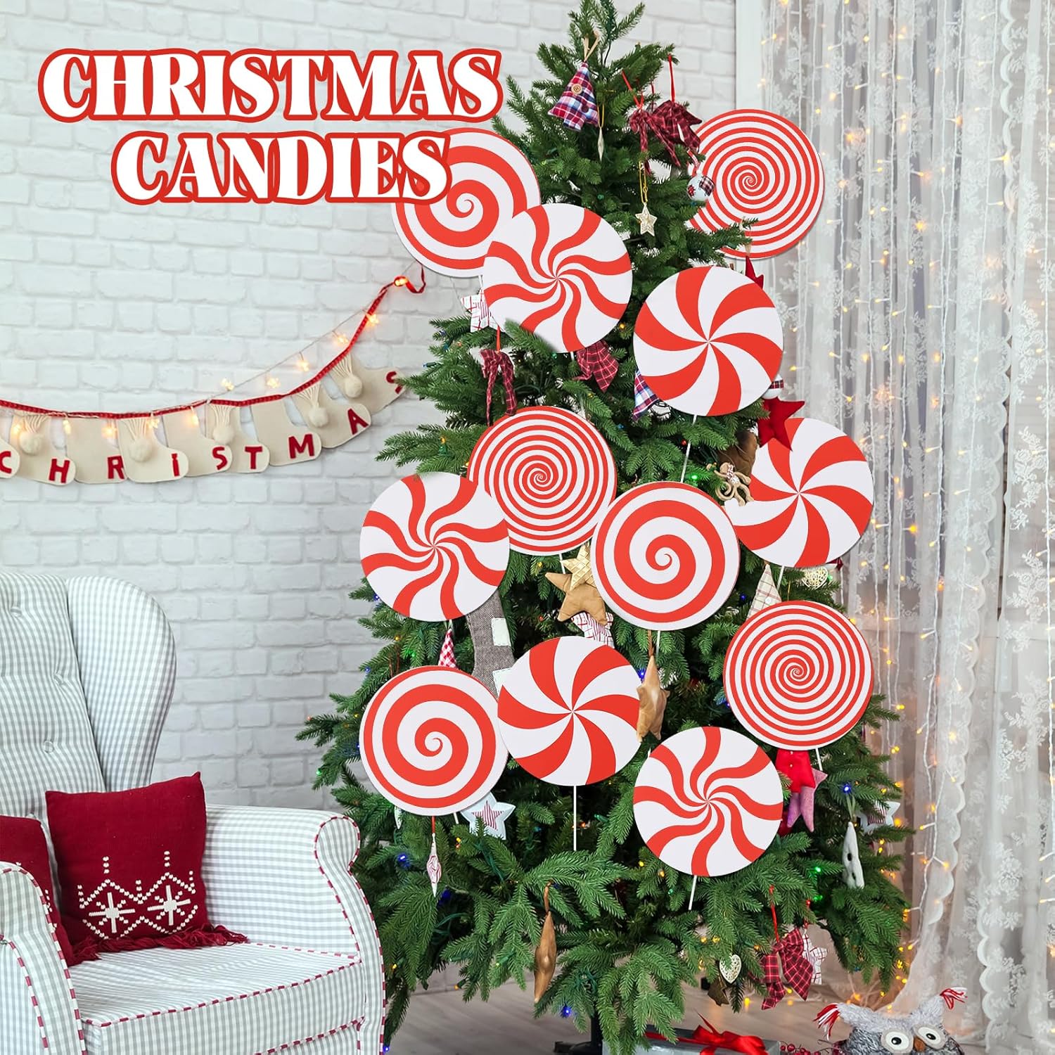 12Pcs Christmas Decorations Indoor Tree Picks Christmas Candy Lollipop Ornament Large Red White Peppermint Lollipop Xmas Picks for Xmas Tree Topper Home Office Holiday Party Vase Decor - Image 4