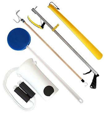 RMS 5-Piece Hip Kit with 32 Reacher, Sock Aid, Dressing Stick, Bath Sponge & Shoe Horn Long-Term Orthopedic Daily Living Aids for Chronic Hip, Knee & Mobility Limitations