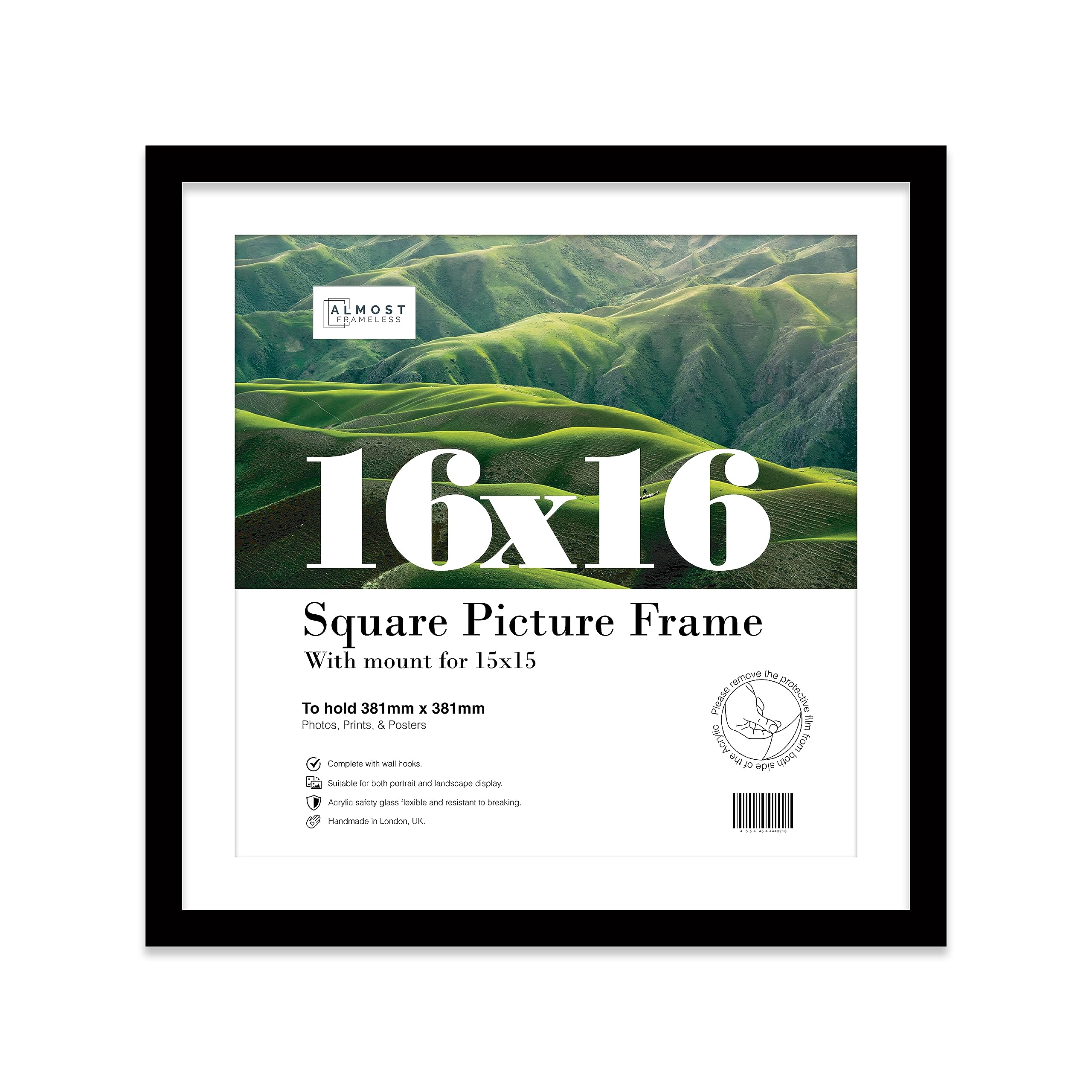 Almost Frameless 16x16 Picture Frame, Display Pictures 15x15 With Mat or 16x16 Without Mat, Wall Hanging Photo Frame, Black, 1 Pack