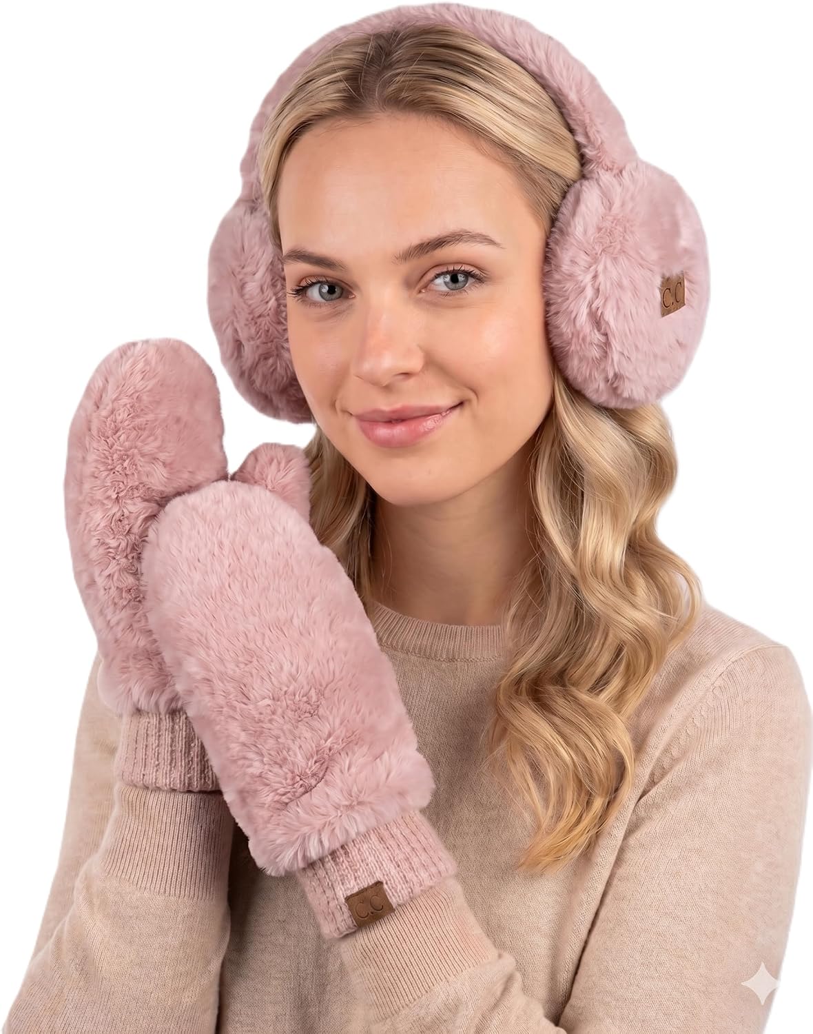 C.C Winter Earmuffs and Mitten Gloves Set, Adjustable Headband Ear Warmers & Convertible Flap Mittens Combo