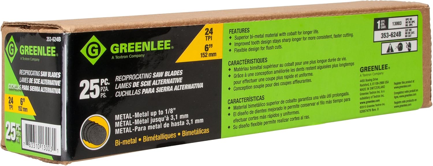 Greenlee 353-624B Inch Metal Cutting Reciprocating Saw Blade, 24 TPI, 25-Pack
