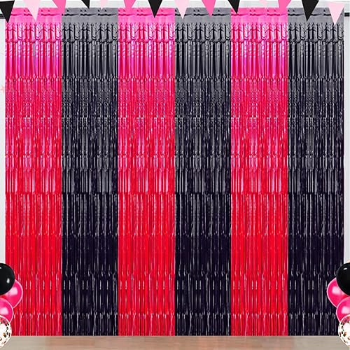 Decoraciones de fiesta de cumpleaños rosa y negro, cortinas de flecos de papel de aluminio para el día de San Valentín, serpentinas de telón de