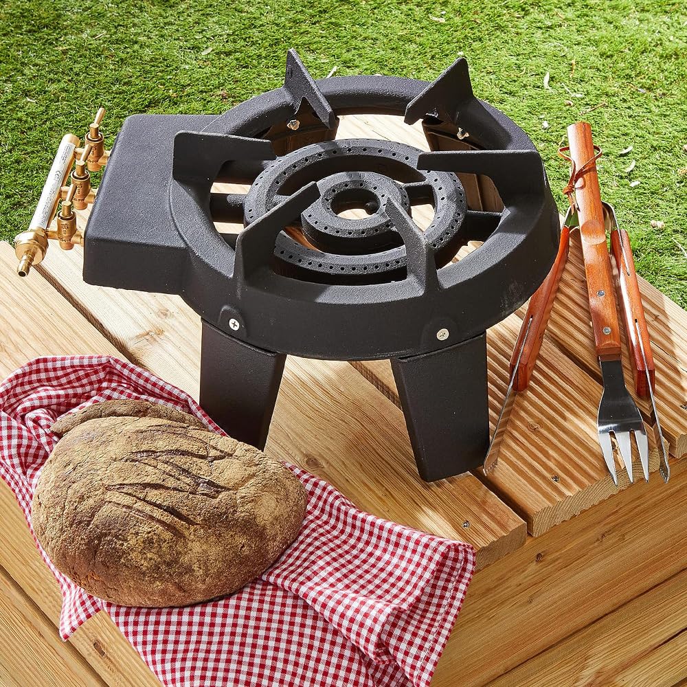 Paluplus Fornello a Gas in Ghisa con 4 Piedi, Misura 40x30x16,5 cm, Bruciatore da 180 mm, 3 Rubinetti in Ottone per Regolazione della Fiamma, Fornellino per Campeggio, Picnic, Potenza 9Kw - VULC3