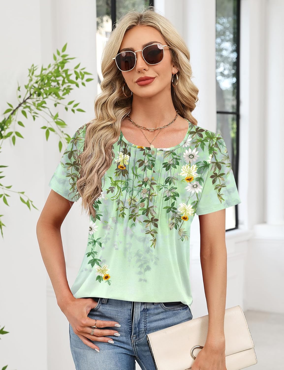 Rapbin Short Sleeve Shirts for Women Pleated Crewneck Cute Blouses Dressy Casual Elegant Tops Loose peasant Summer T-Shirts - Image 2