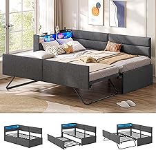 AOGLLATI Extendable Sofa Bed 90/180 x 200 cm, Day Bed with LED Lighting and Charging Station, Upholstered Bed with Extendable Trundle Bed & Storage Headboard, Single Bed, Linen, Dark Grey (without | daybed extendable, storage bed 90x200, pull out sofa, yo