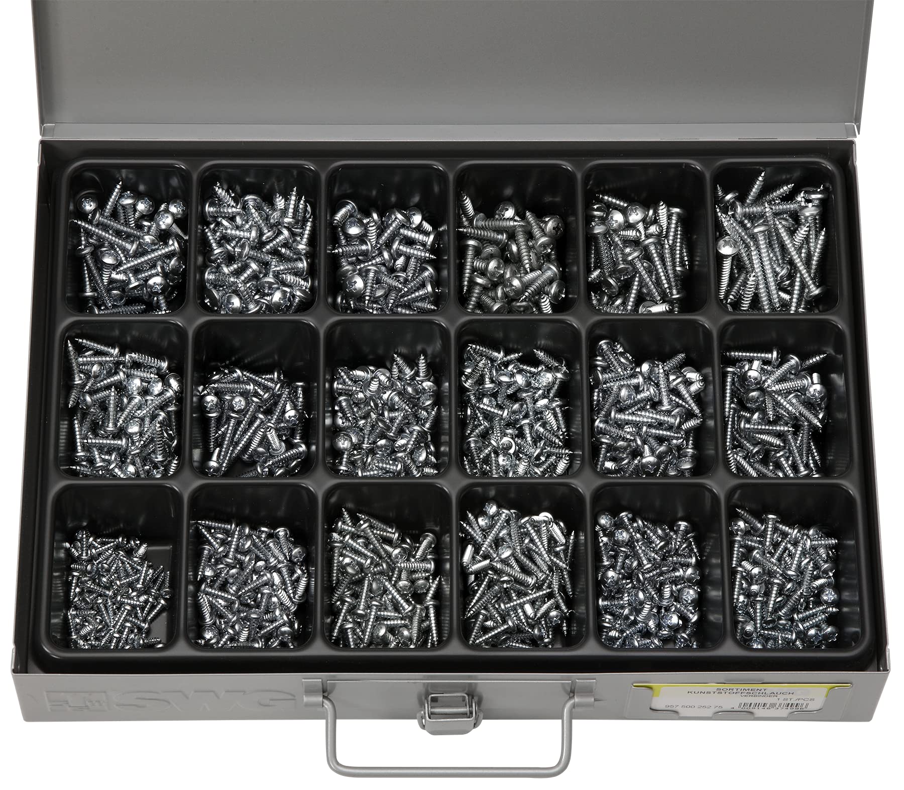 SWG Sortiment Blechschrauben DIN 7981 – 18 verschiedene Schrauben mit insgesamt 1450 Teilen | Schrauben Set | Sortimentskasten | Blechschrauben | Schraubenset | Schrauben Sortierkasten | Schraubenbox