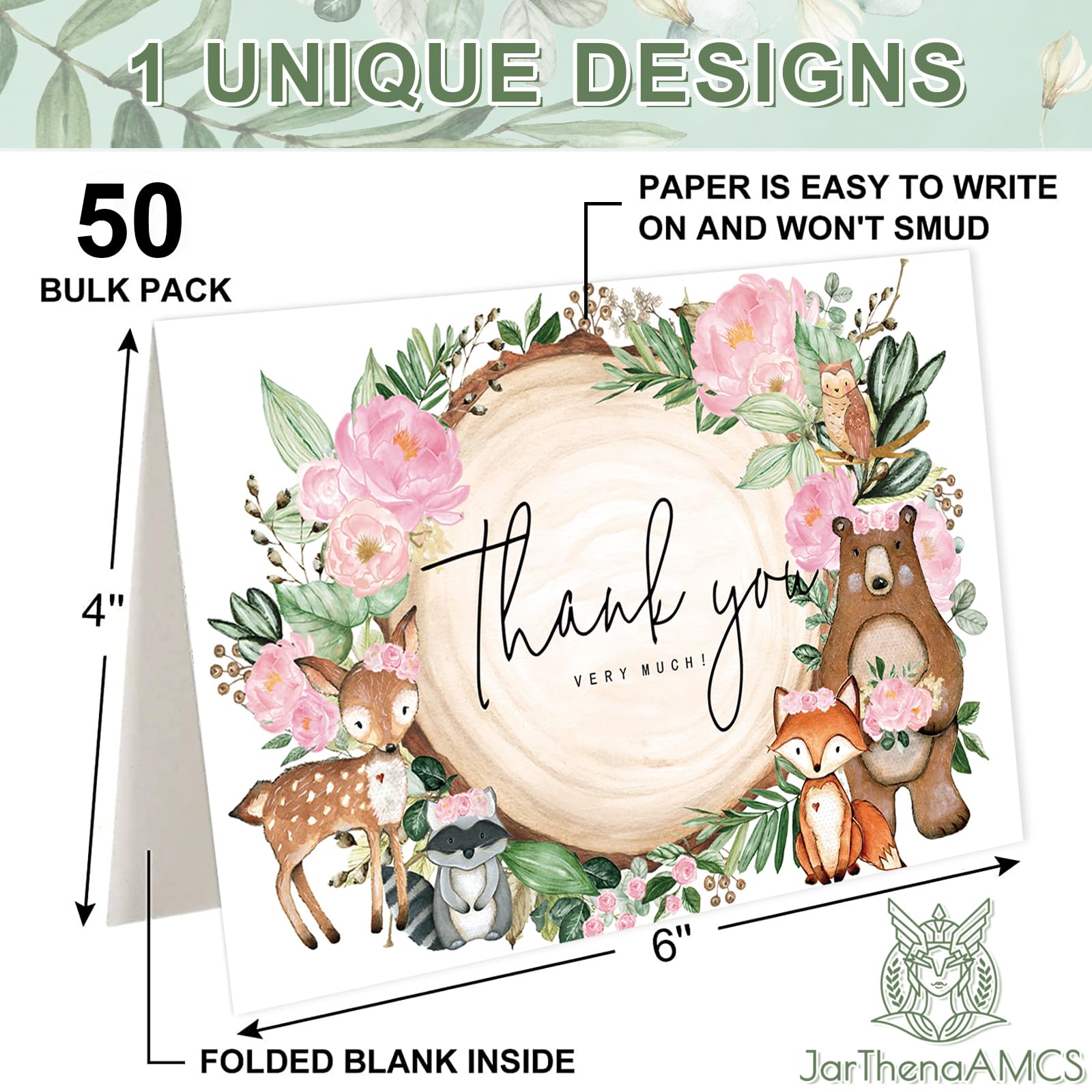 JarThenaAMCS Paquete de 50 tarjetas de agradecimiento del bosque en caja, tarjetas de felicitación de animales del bosque con sobres, calcomanías en blanco, tarjetas de notas en blanco para baby