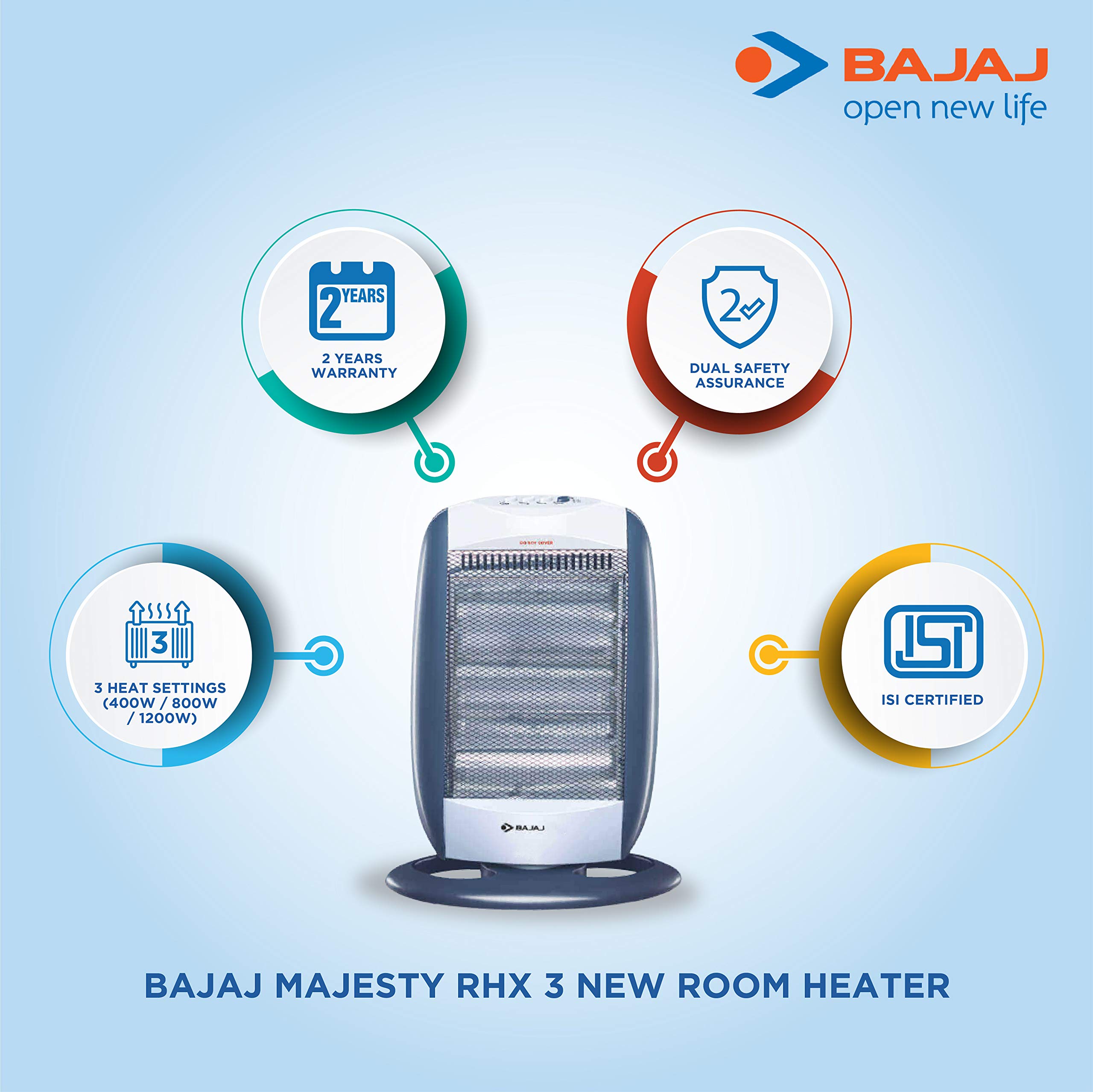 Bajaj New Majesty RHX 3 1200 Watts Halogen Room Heater (Blue/Silver, ISI  Approved) : Amazon.in: Home u0026 Kitchen